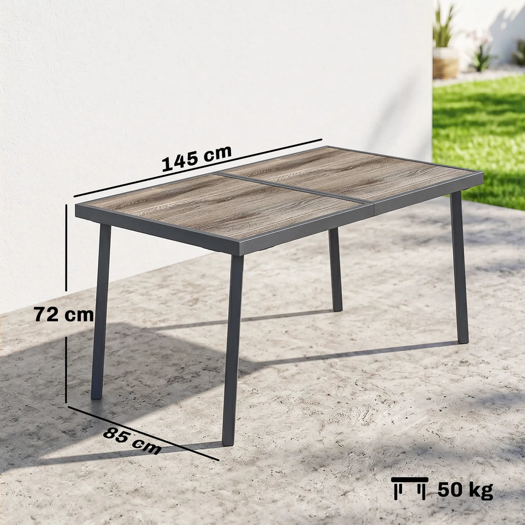 Lauko stalas 6 asmenims, medžio imitacijos stalviršis, metalinis rėmas, pilkas, 145x85x72 cm