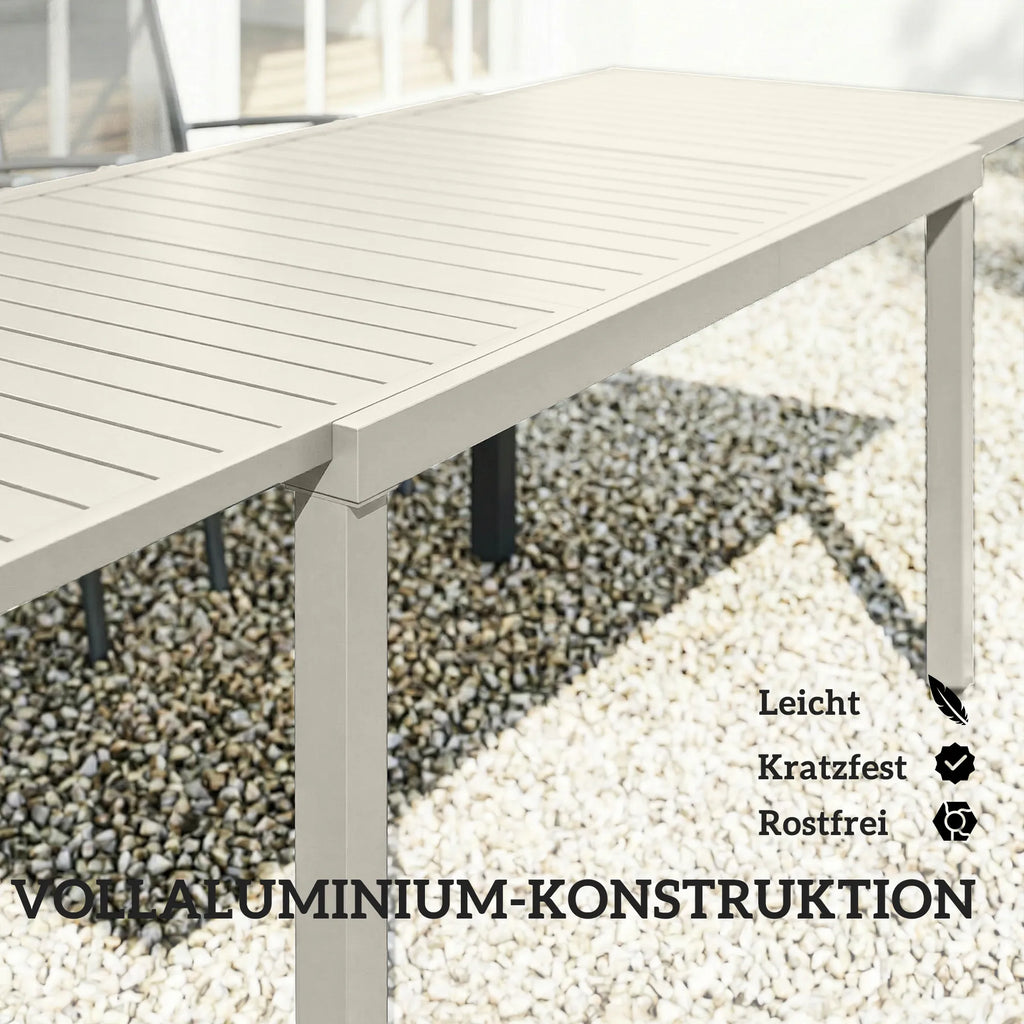 Lauko stalas išskleidžiamas 150/225 x 85 cm, aliuminis, 6-8 asmenims, baltas