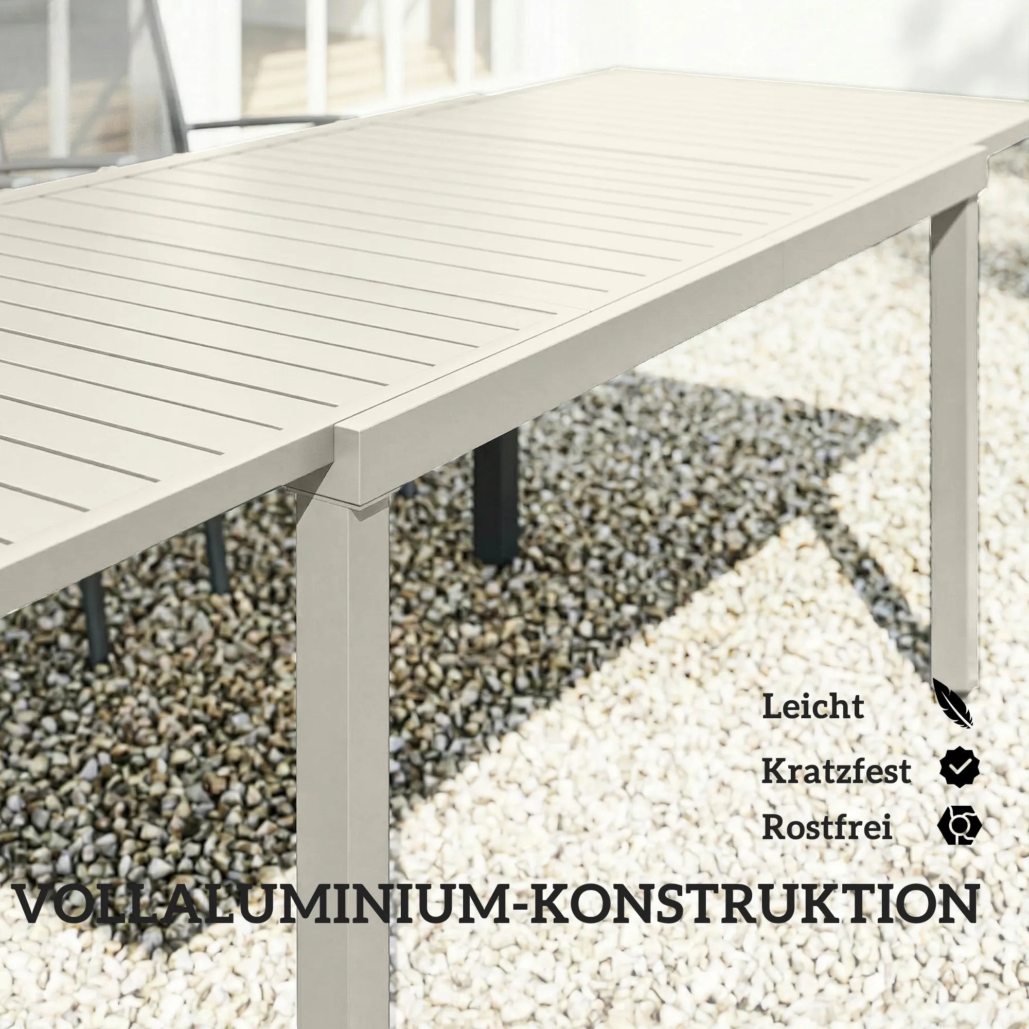 Lauko stalas išskleidžiamas 150/225 x 85 cm, aliuminis, 6-8 asmenims, baltas