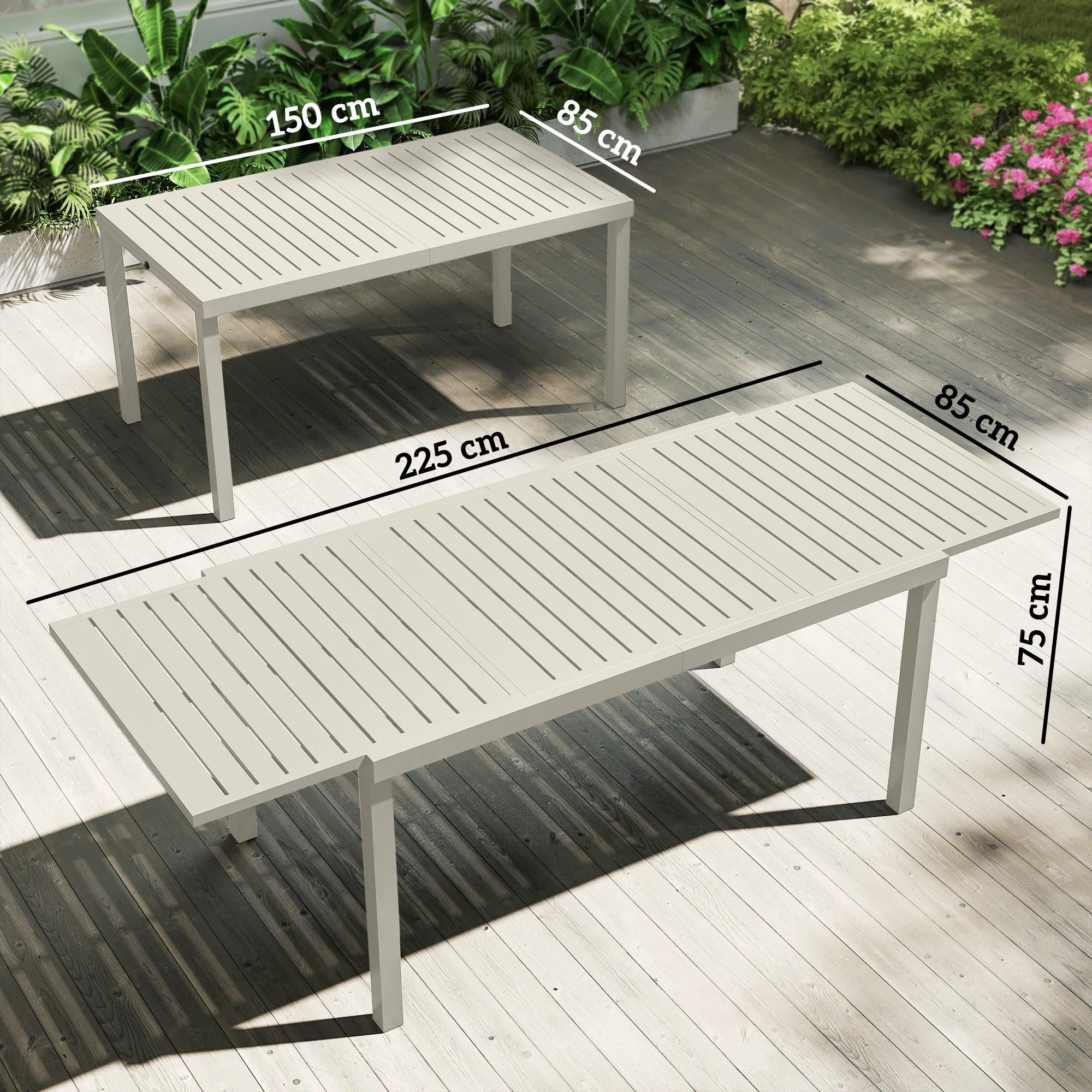 Lauko stalas išskleidžiamas 150/225 x 85 cm, aliuminis, 6-8 asmenims, baltas