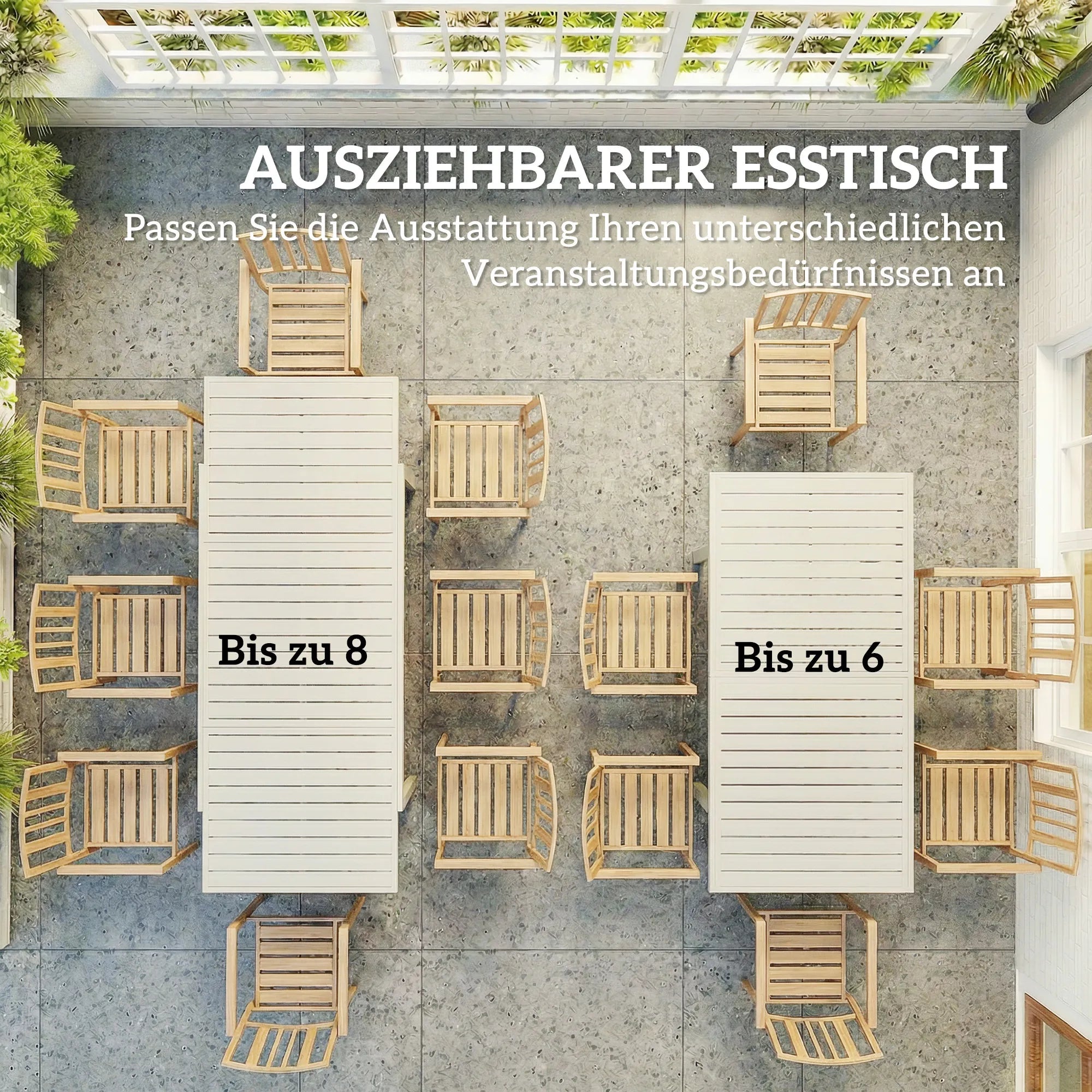 Lauko stalas išskleidžiamas 150/225 x 85 cm, aliuminis, 6-8 asmenims, baltas