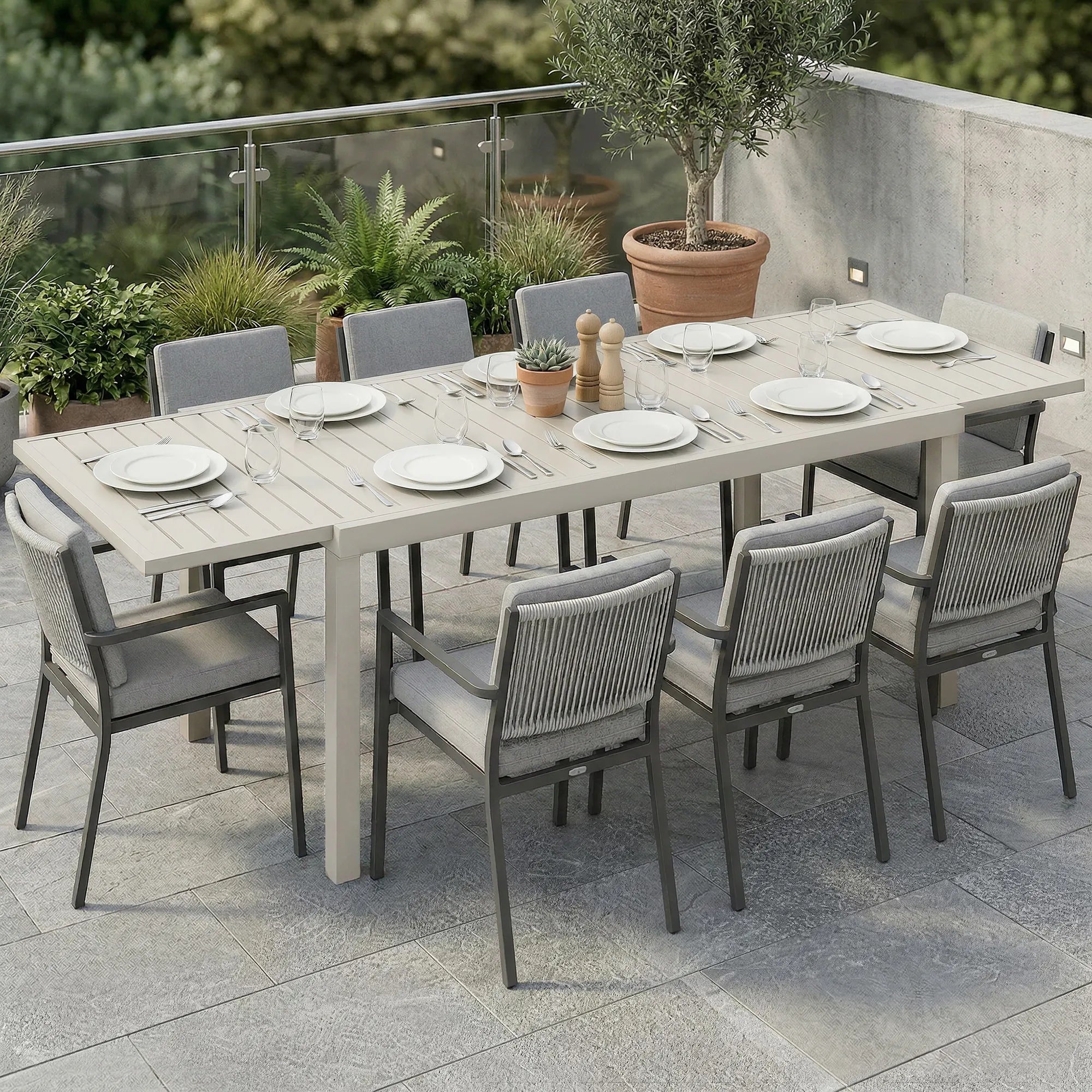 Lauko stalas išskleidžiamas 150/225 x 85 cm, aliuminis, 6-8 asmenims, baltas