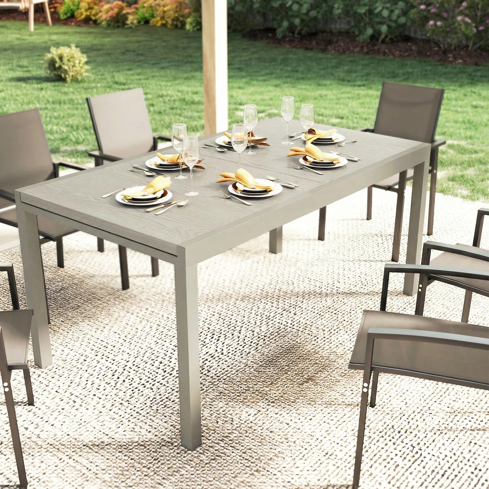 Lauko stalas ištraukiamas 154/214 x 85 cm, aliumininis valgomojo stalas 8–10 asmenų, šviesiai pilkas