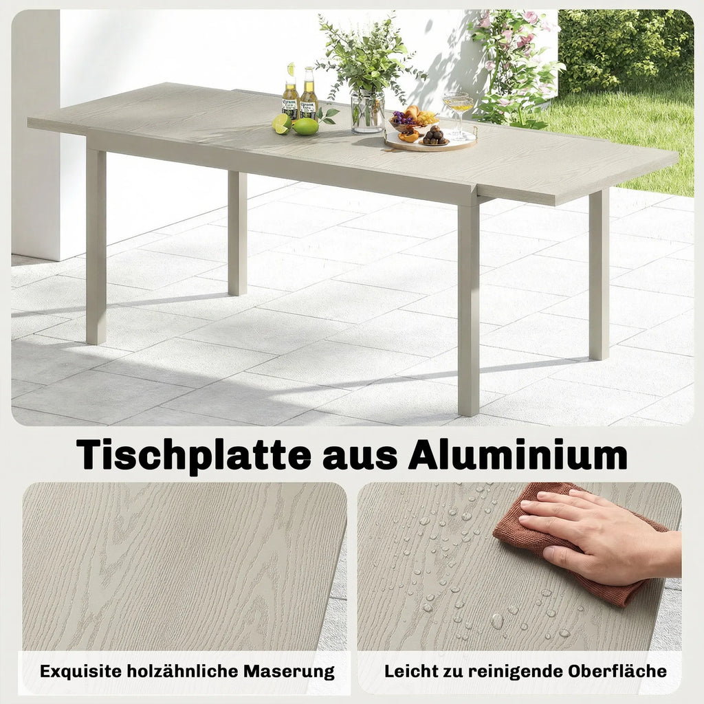 Lauko stalas ištraukiamas 154/214 x 85 cm, aliumininis valgomojo stalas 8–10 asmenų, šviesiai pilkas