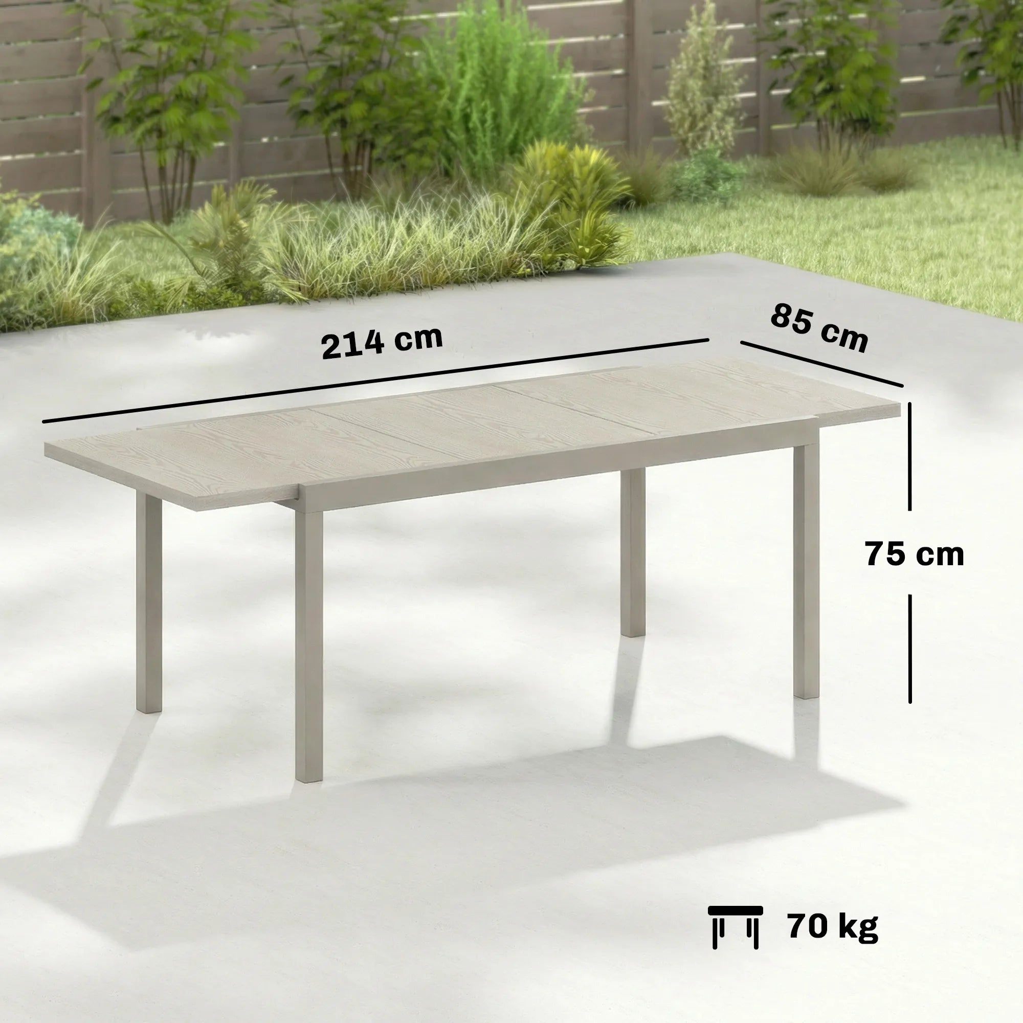 Lauko stalas ištraukiamas 154/214 x 85 cm, aliumininis valgomojo stalas 8–10 asmenų, šviesiai pilkas