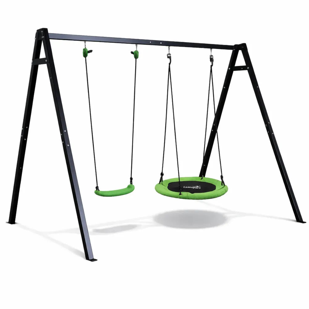 Lauko sūpynių komplektas, A formos rėmas su kaušinėmis ir diskinėmis sūpynėmis, 260 × 175 × 210 cm, juodas/žalias