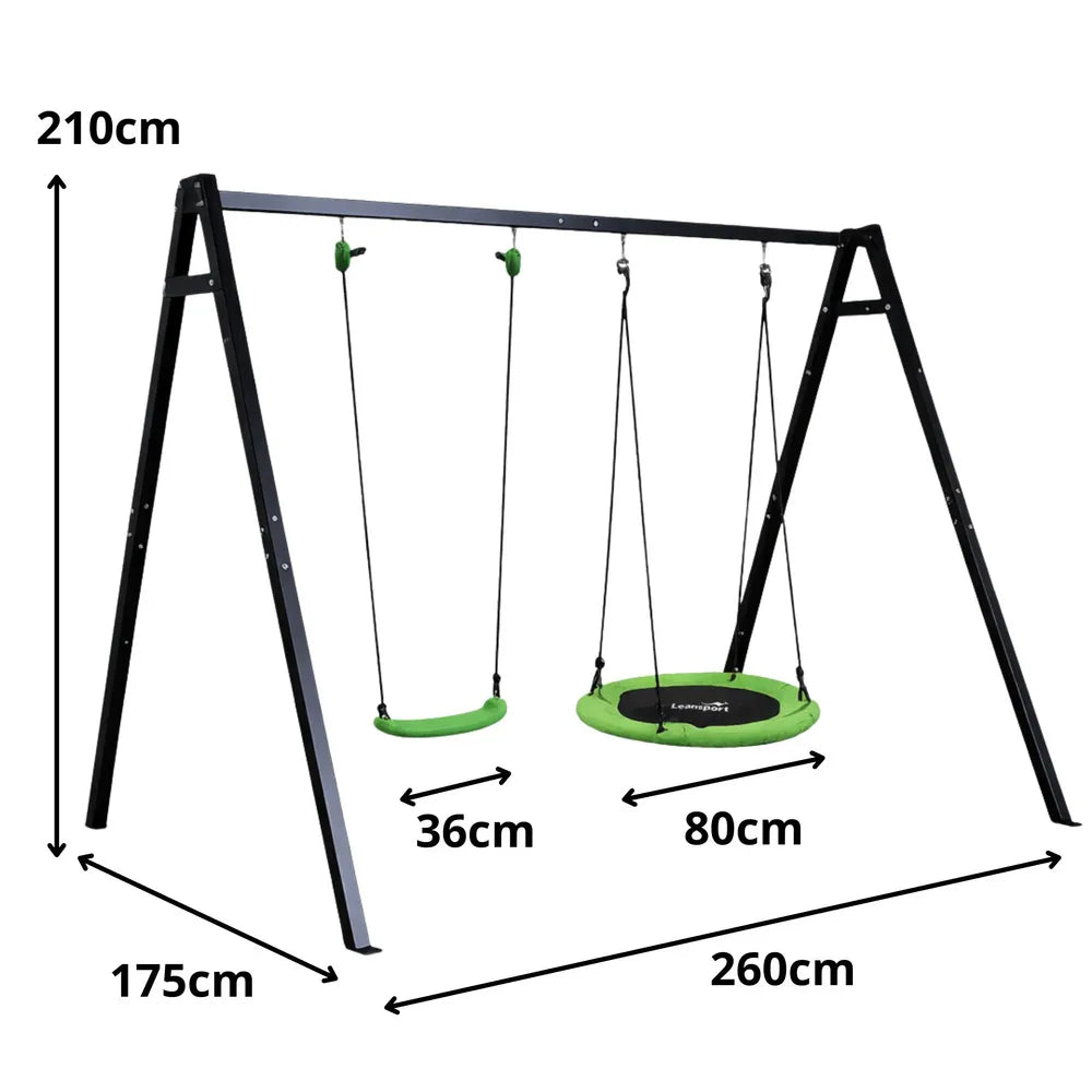 Schema su sūpynių komplekto matmenimis: aukštis 210 cm, ilgis 260 cm