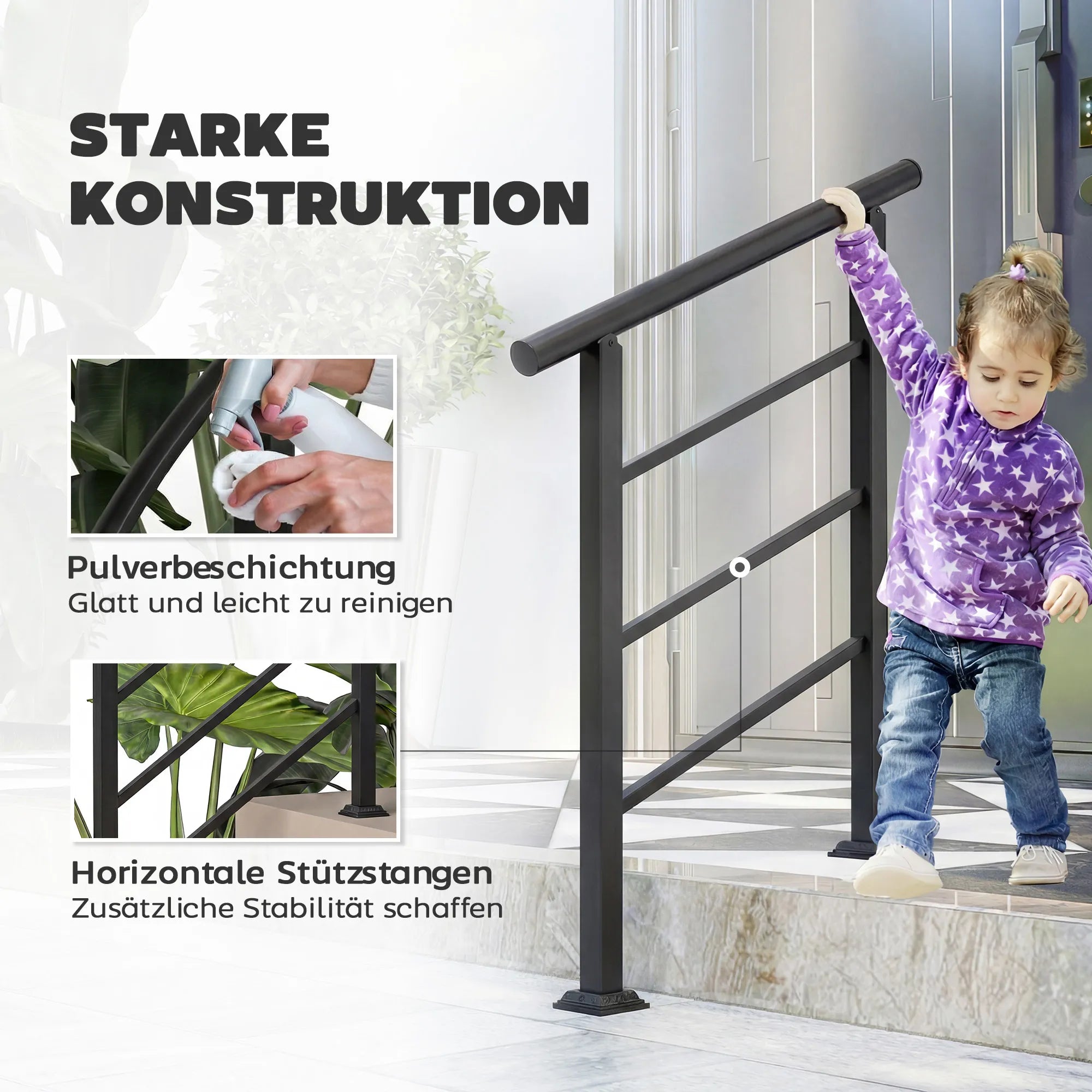 Lauko turėklai laiptams 1-3 pakopoms, reguliuojami 0–45°, metaliniai, juodi, iki 50 kg