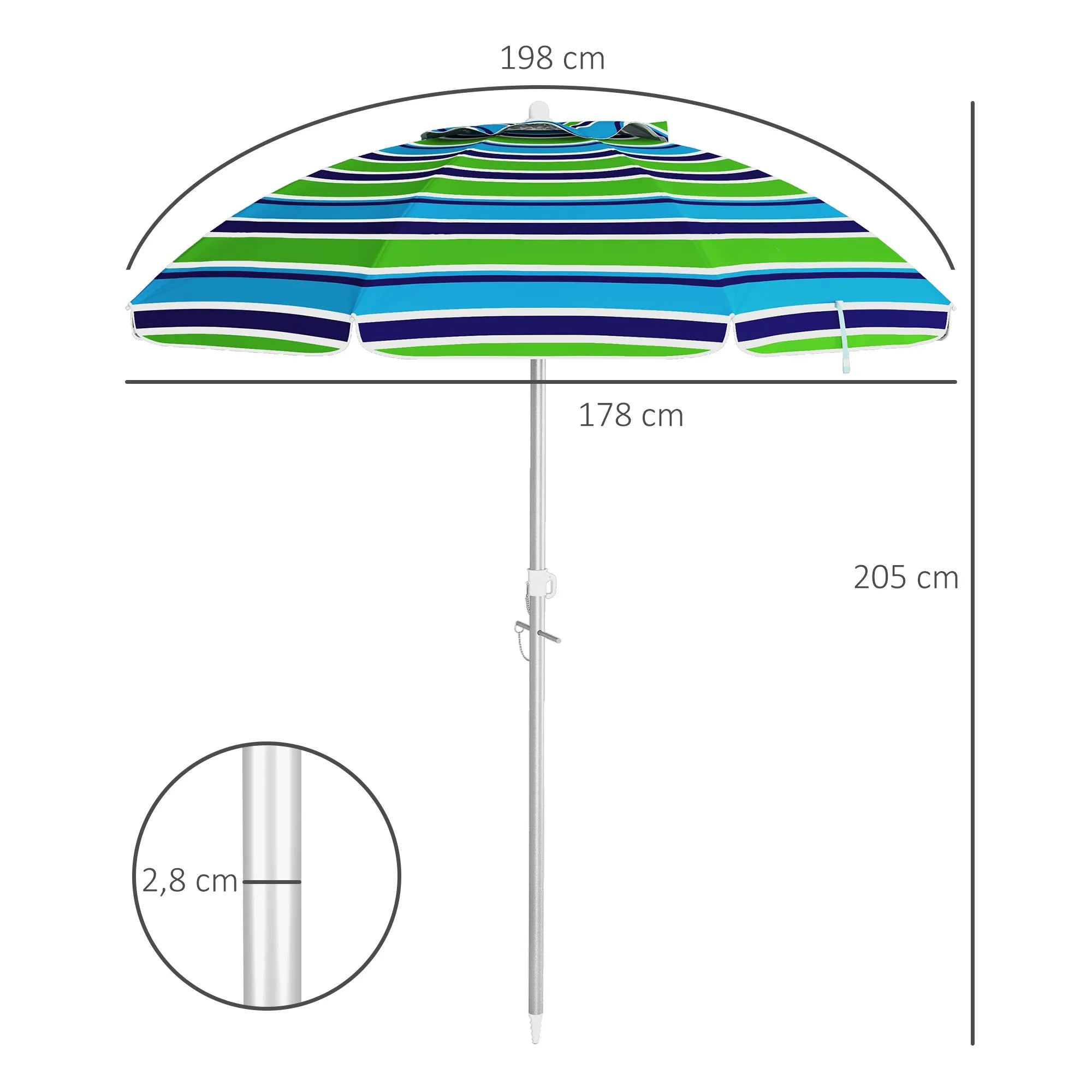 Paplūdimio skėtis, skersmuo 178 cm, UV40+, atsparus vėjui, tvirtas, reguliuojamo aukščio, su pakreipimo funkcija, ventiliacija, kišenė, įvairių spalvų