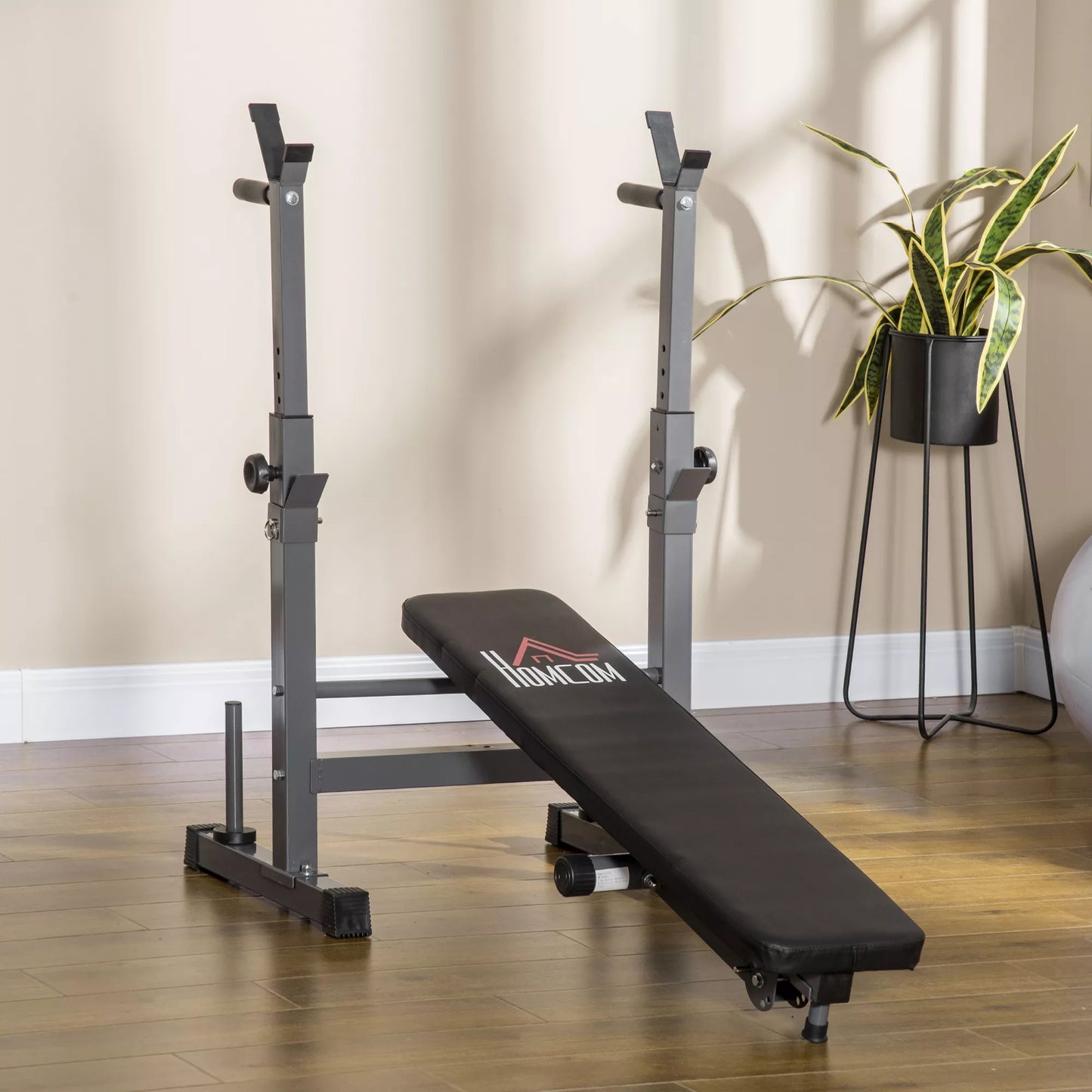 Hantelių suolas, 8 padėčių, sulankstomas, plieninė bazė, paminkštintas, dirbtinė oda, 98-122 aukšt. x 140 il. x 73 pl. cm, juoda/pilka