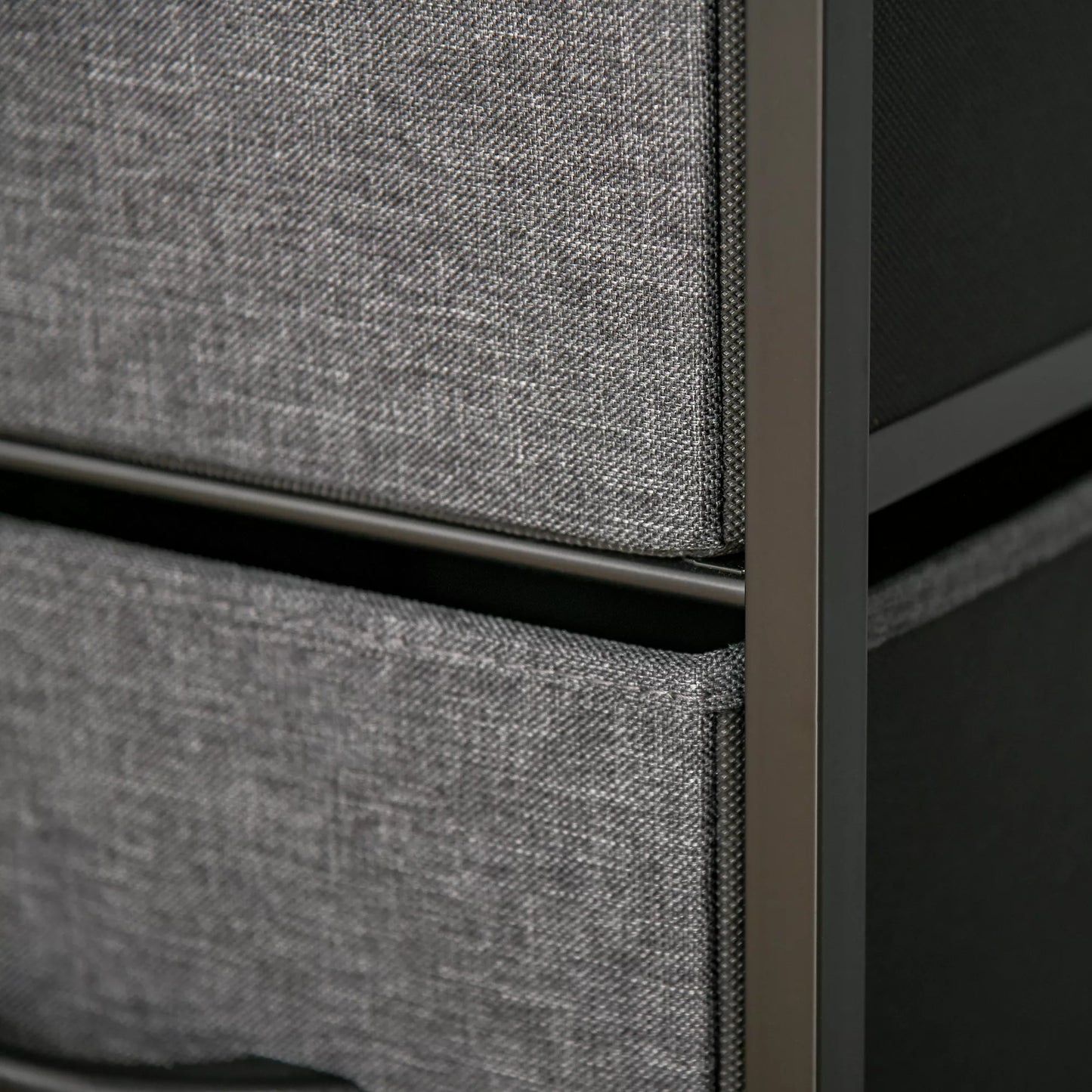 Juoda komoda su 4 stalčiais ir lino apdaila, laikymo spintelė su lentyna ir rankenėlėmis