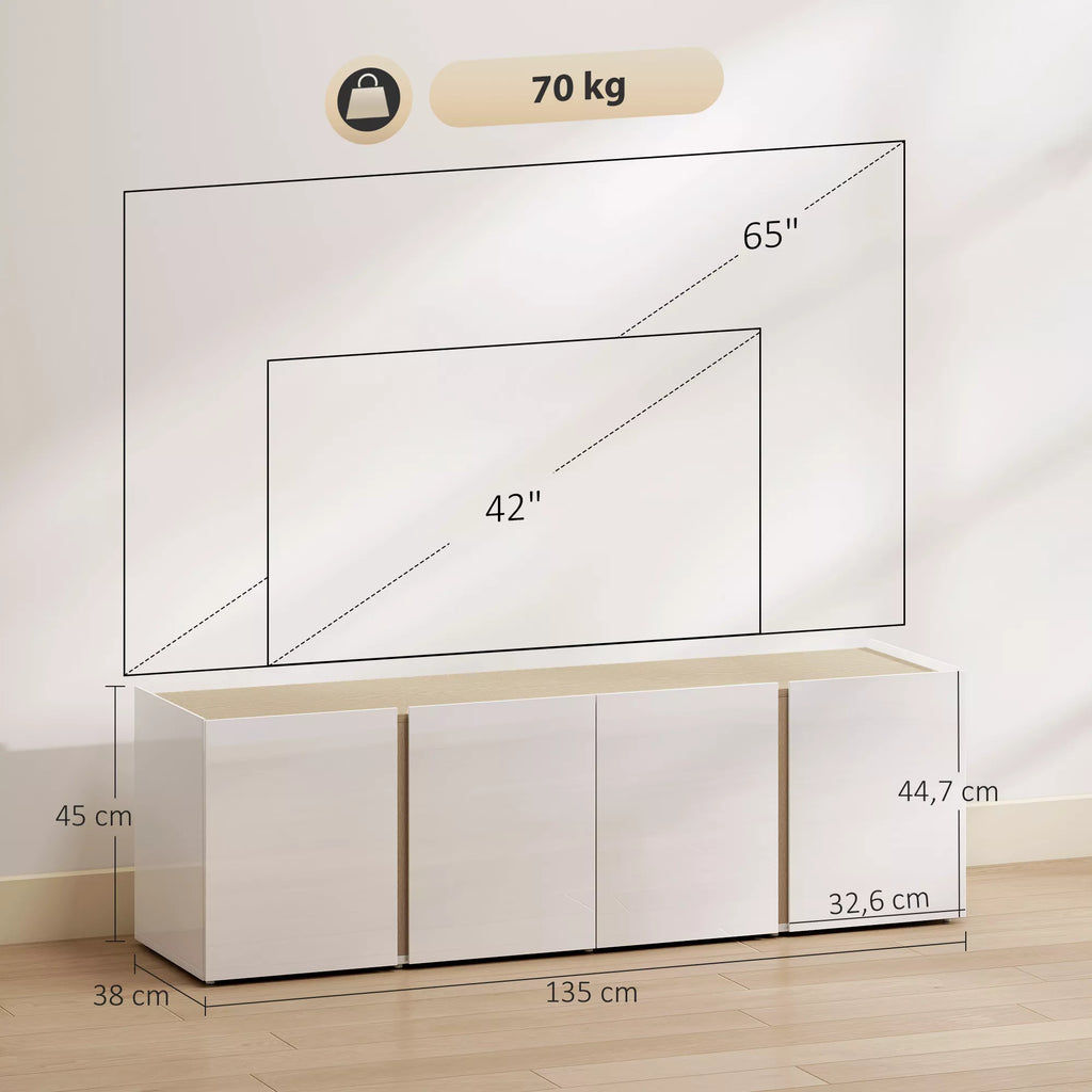 Infografika su baltos TV komodas matmenimis: 135 cm plotis, 45 cm gylis, 44,7 cm aukštis, 65 colių TV