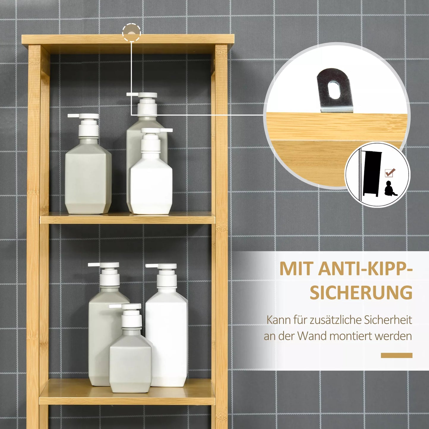 Vonios spintelė, aukšta spintelė, trys lentynos, vienas skyrius su žaliuzių durimis, apsauga nuo apsivertimo, bambukas, 34 x 30 x 173cm