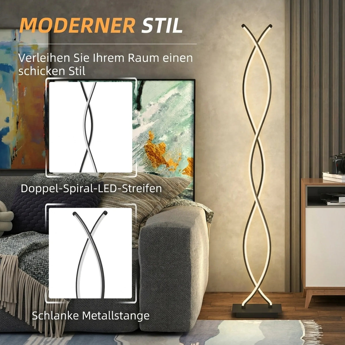 LED toršeras su kojiniu jungikliu, pritemdomas, spiralės formos, juodas