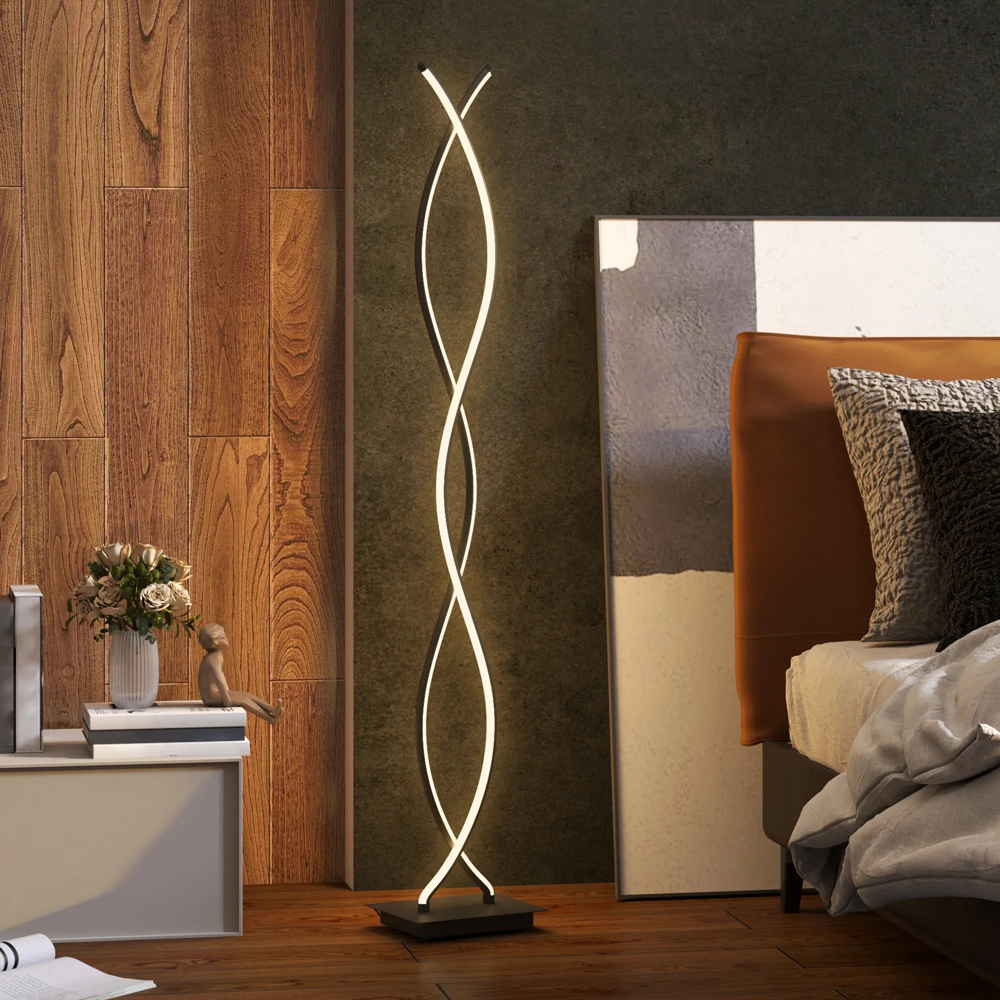 LED toršeras su kojiniu jungikliu, pritemdomas, spiralės formos, juodas