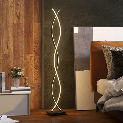 LED toršeras miegamajame prie lovos su odine galvūgale