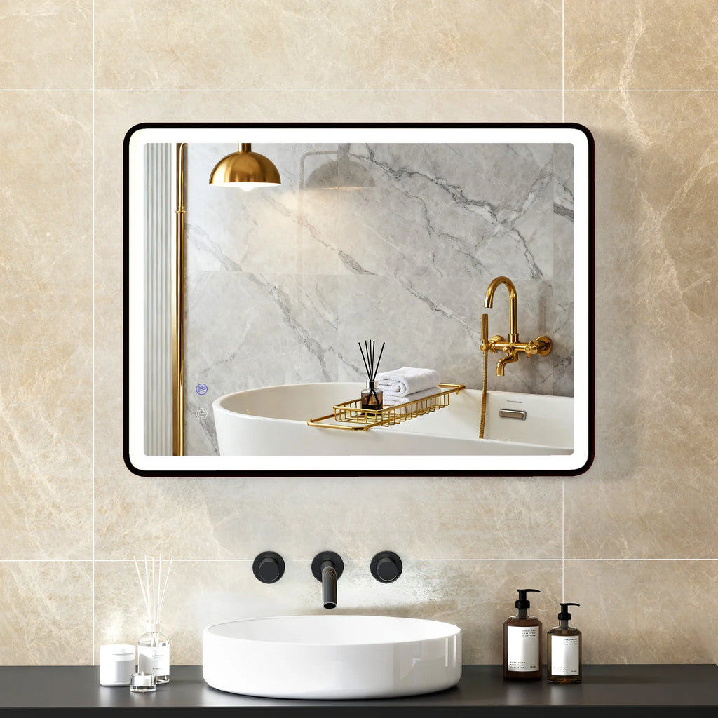 LED vonios veidrodis grūdinto stiklo 80 × 60 cm juodas rėmas