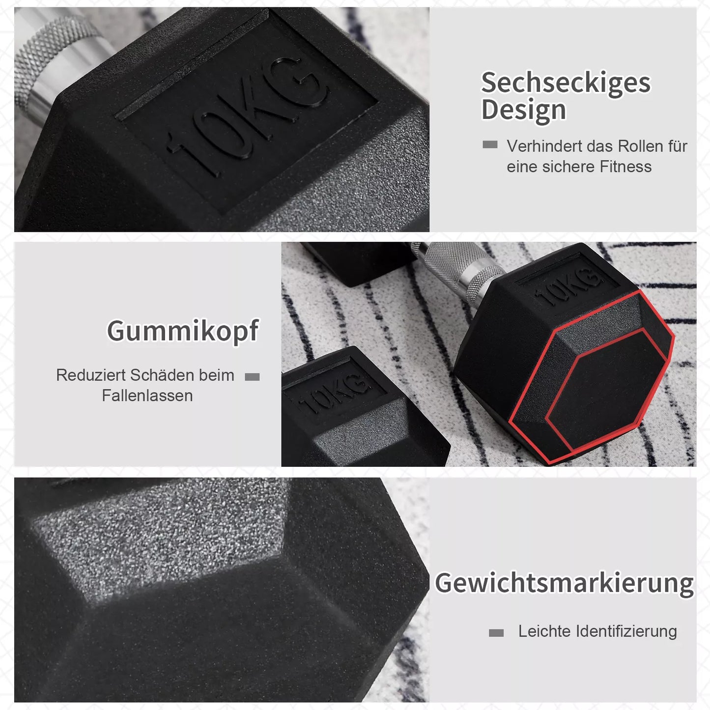 HOMCOM Šešiakampės hantelės, 2 vnt. hantelių rinkinys su rifliuota rankena, ketaus hantelių rinkinys, 2 x 10 kg, hantelės vyrams ir moterims, namams, sporto salei, jėgos treniruotėms