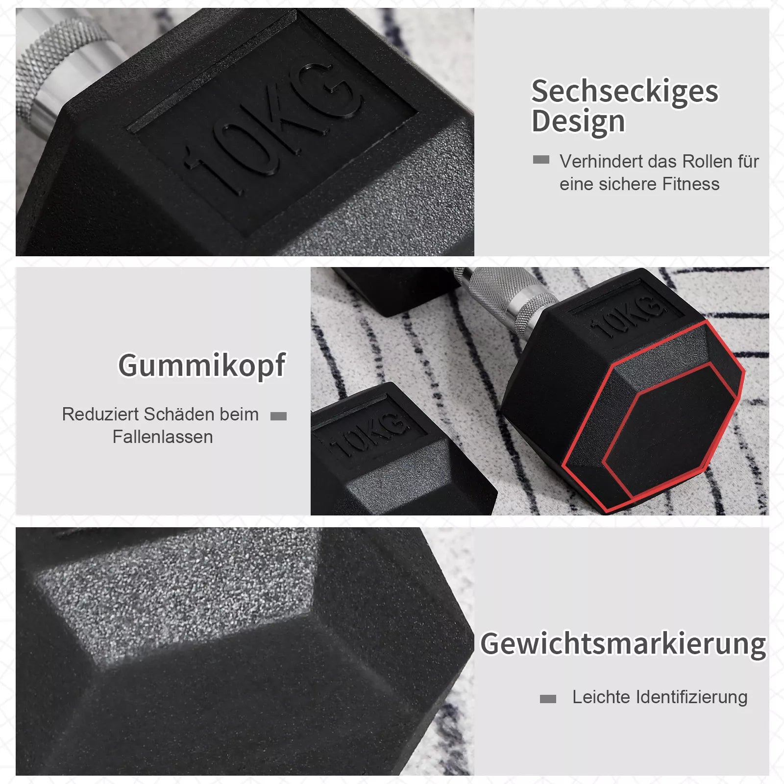Hexagon hantels, 2 vnt. rinkinys Hantels su raižytu rankenėle, ketaus hantelių rinkinys, 2 x 10 kg, hantelių rinkinys vyrams ir moterims, namams, sporto salėms, jėgos treniruotėms