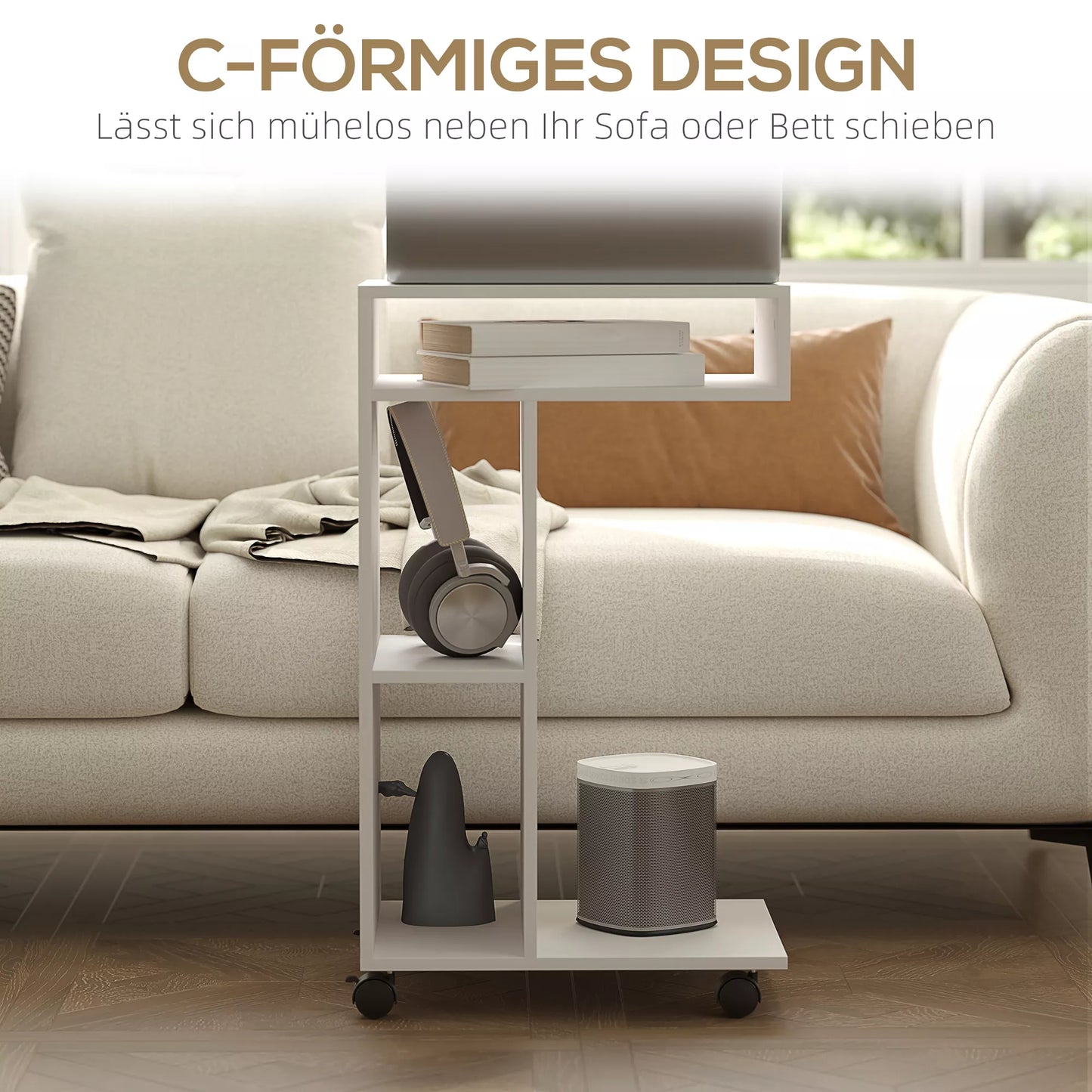 Pastatomas staliukas, C formos serviravimo vežimėlis, 4 ratukai, 3 skyriai, 40 x 30 x 69 cm, Baltas