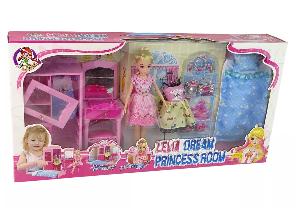 Lėlių baldų ir aksesuarų rinkinys LELIA Dream Princess Room, su lėle ir drabužiais, 10–14 colių lėlėms