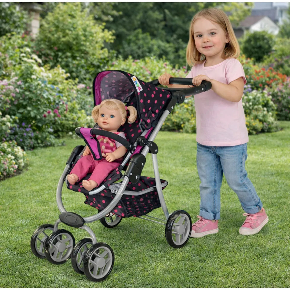 Lėlių vežimėlis, 40 x 20 x 60 cm, juodas su rožiniais taškučiais