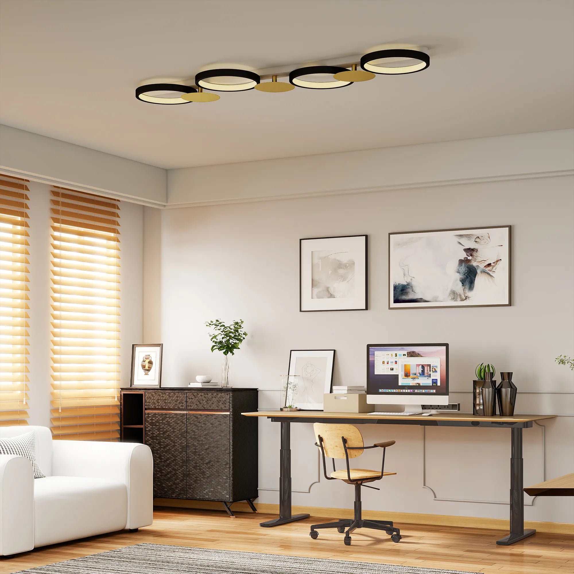 Lempos LED 38W 1500LM 3000K-6500K Lubų lempa Svetainės lempa su 4 lemputėmis Nuotolinio valdymo pultas Juoda+Auksinė
