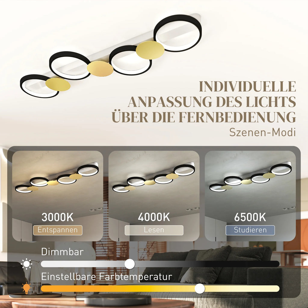 Lempos LED 38W 1500LM 3000K-6500K Lubų lempa Svetainės lempa su 4 lemputėmis Nuotolinio valdymo pultas Juoda+Auksinė
