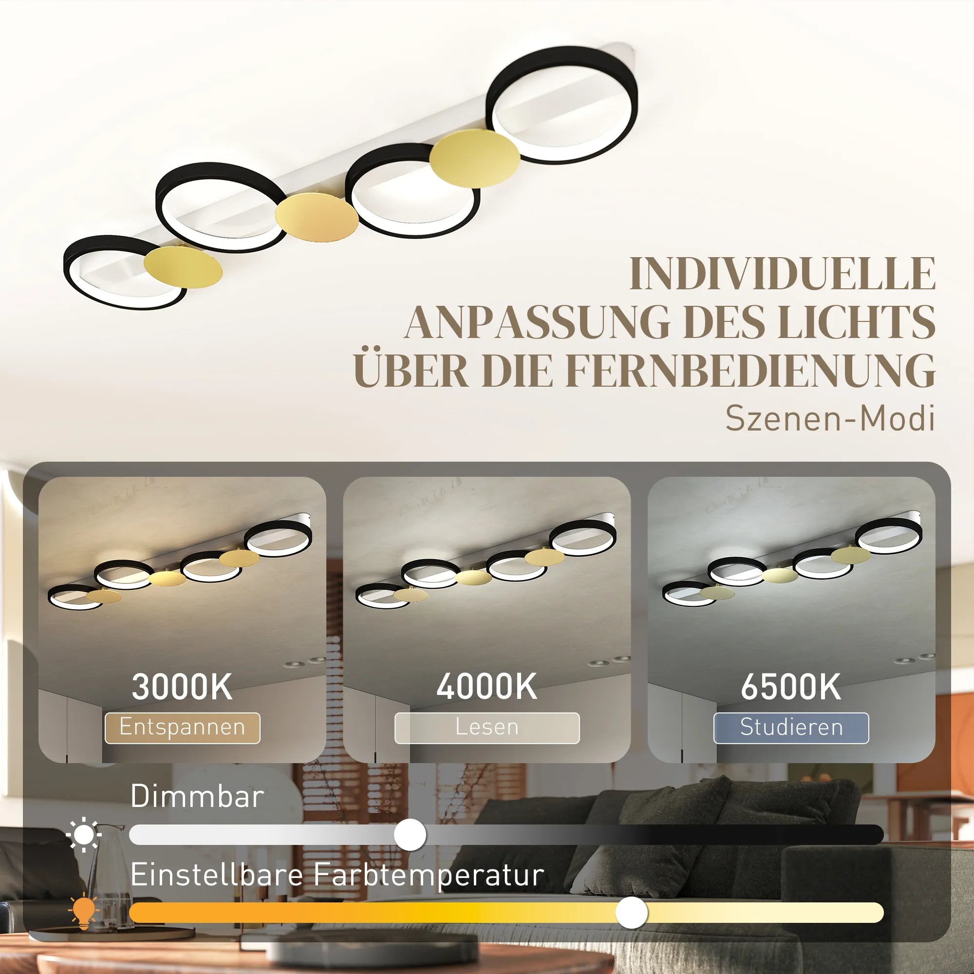 Lempos LED 38W 1500LM 3000K-6500K Lubų lempa Svetainės lempa su 4 lemputėmis Nuotolinio valdymo pultas Juoda+Auksinė