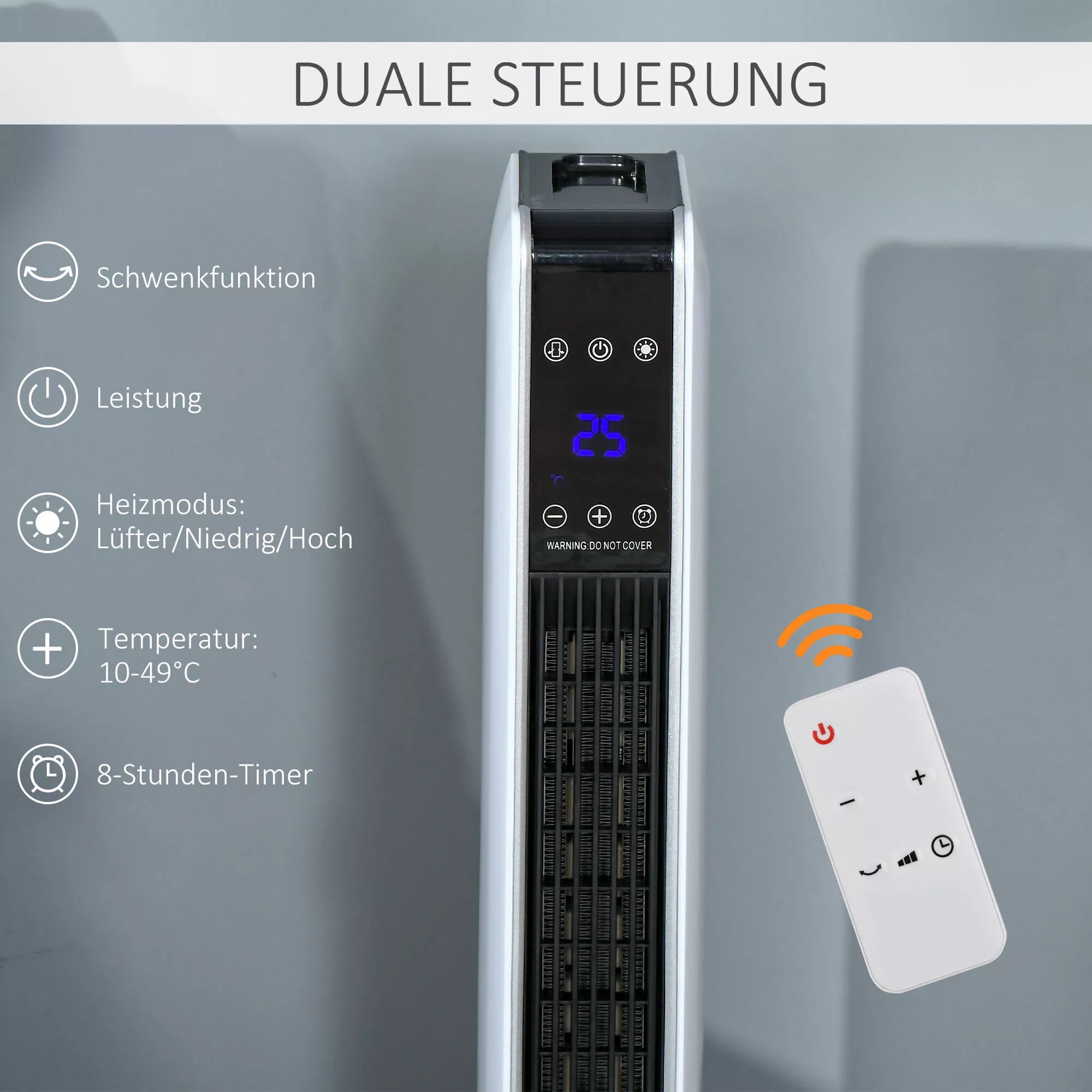 Elektrinis ventiliatorinis šildytuvas 2200W, keraminis bokštinis šildytuvas su nuotolinio valdymo pultu, 8 valandų laikmatis, osciliacija, ABS PA, baltos+juodos spalvos, 21 x 21 x 73 cm