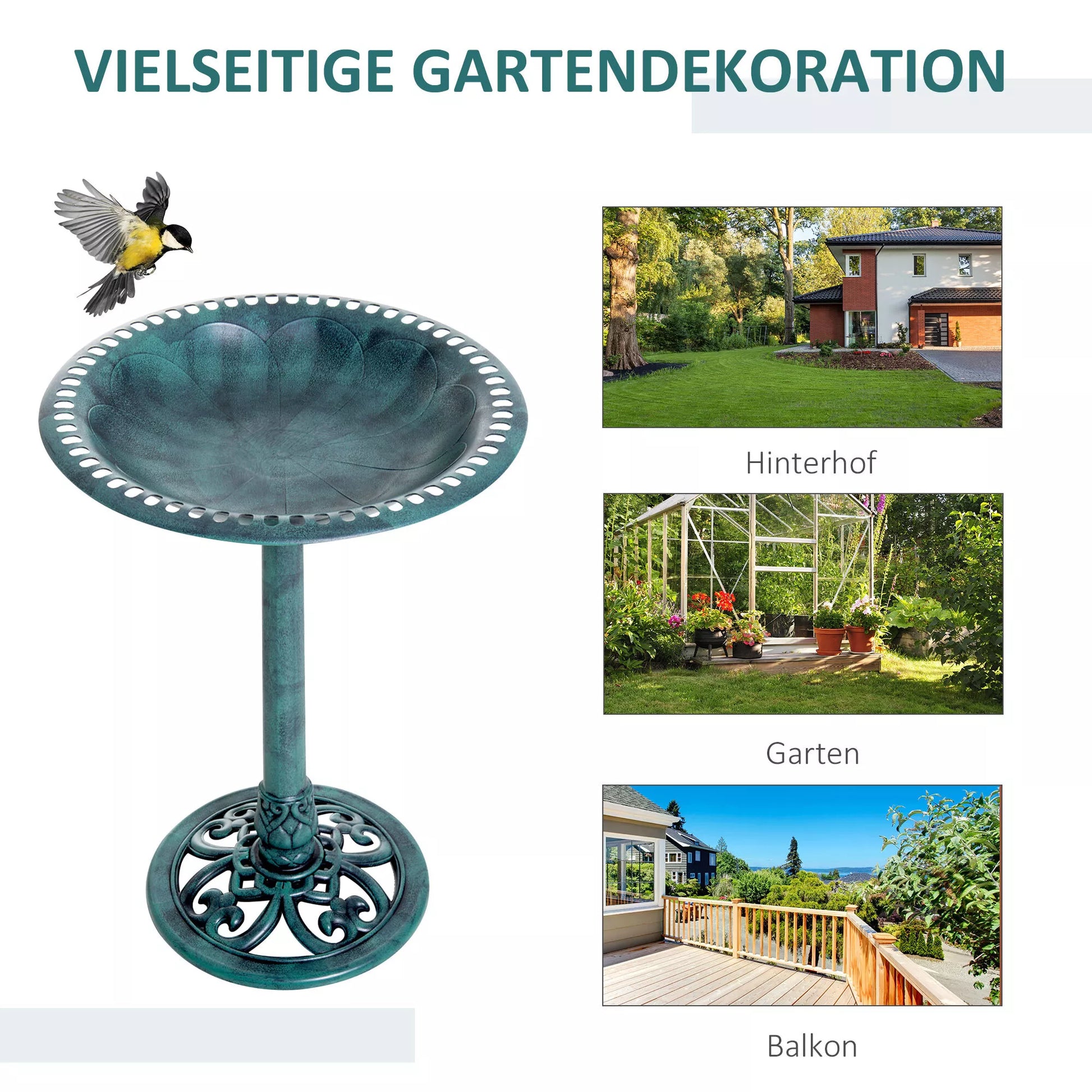 Paukščių girdykla Paukščių vonia Vintage dizainas, Shabby Chic, 50 cm × 50 cm × 69, 5 cm, žalia