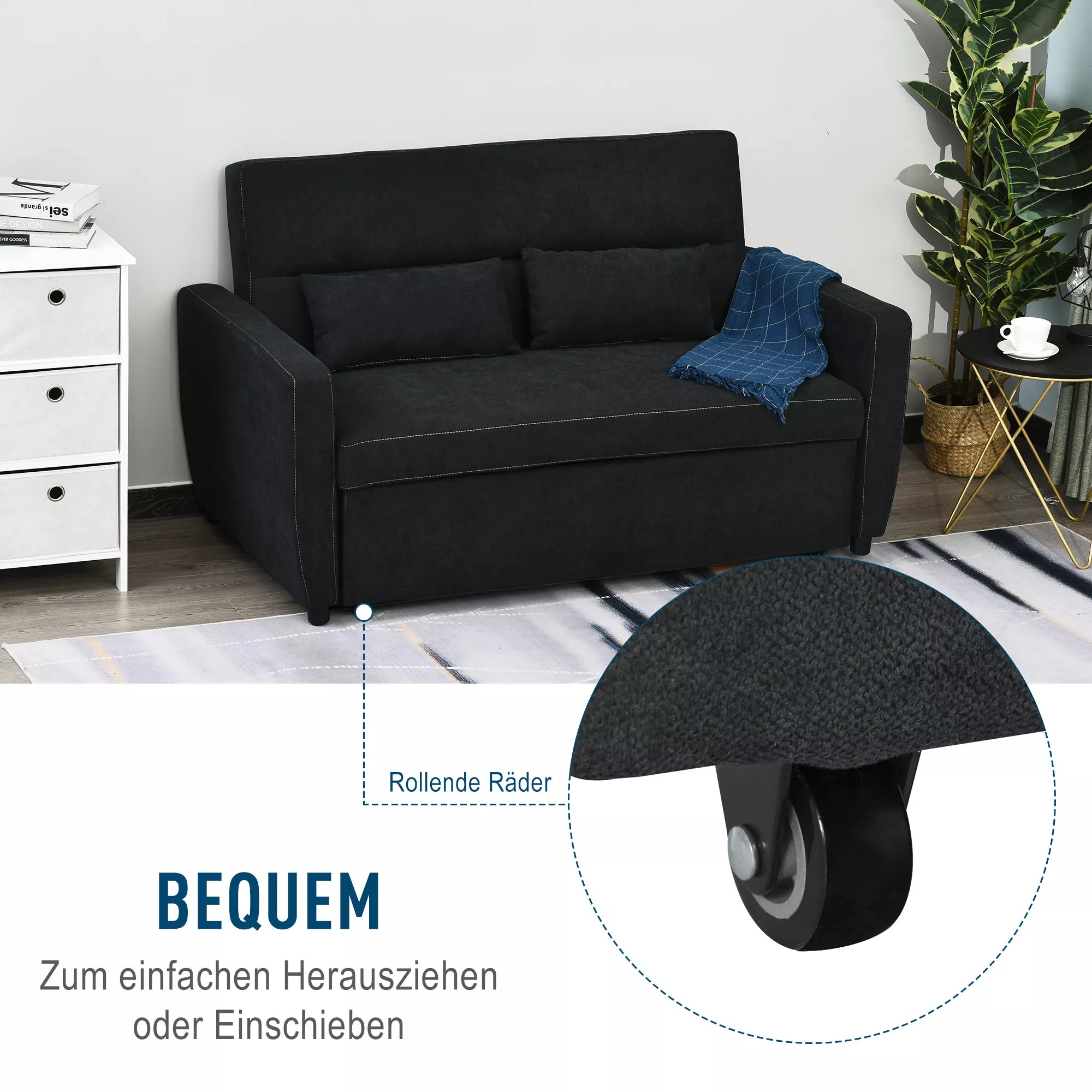 Sofa lova su miegojimo funkcija ir reguliojamu atlošu, 155 cm, juoda