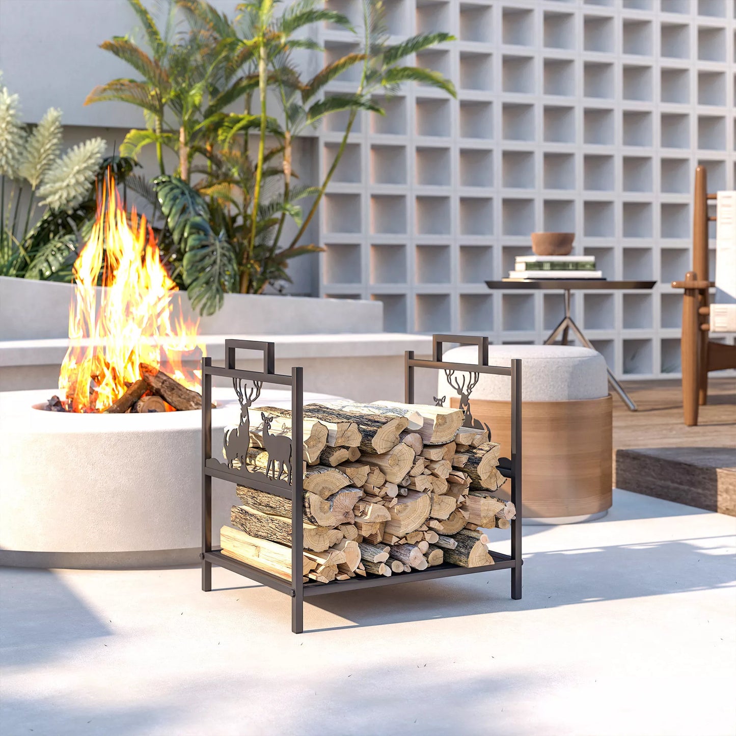 Laikiklis malkoms vidaus patalpoms 42,5 x 33,5 x 43 cm Stovas malkoms židiniui, krosnelei iš juodo metalo