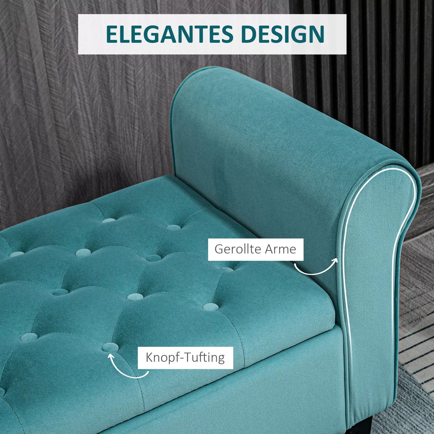 Vintažinio dizaino suolas su laikymo vieta, aksominės išvaizdos, žalias