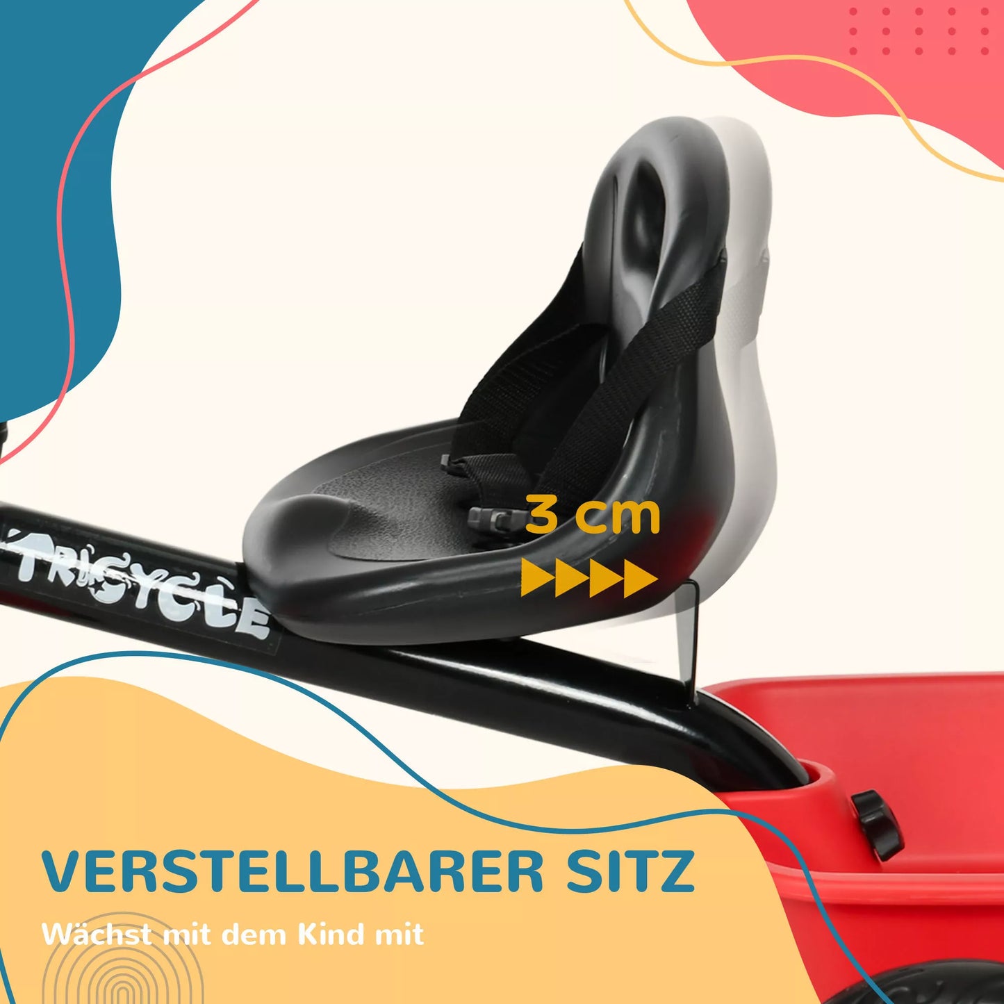 Vaikiškas triratis su juosmens diržu, 2 krepšeliais, aukščio reguliuojama sėdynė, metalinis rėmas, skirtas 2–5 metų vaikams, juodos ir raudonos spalvos.