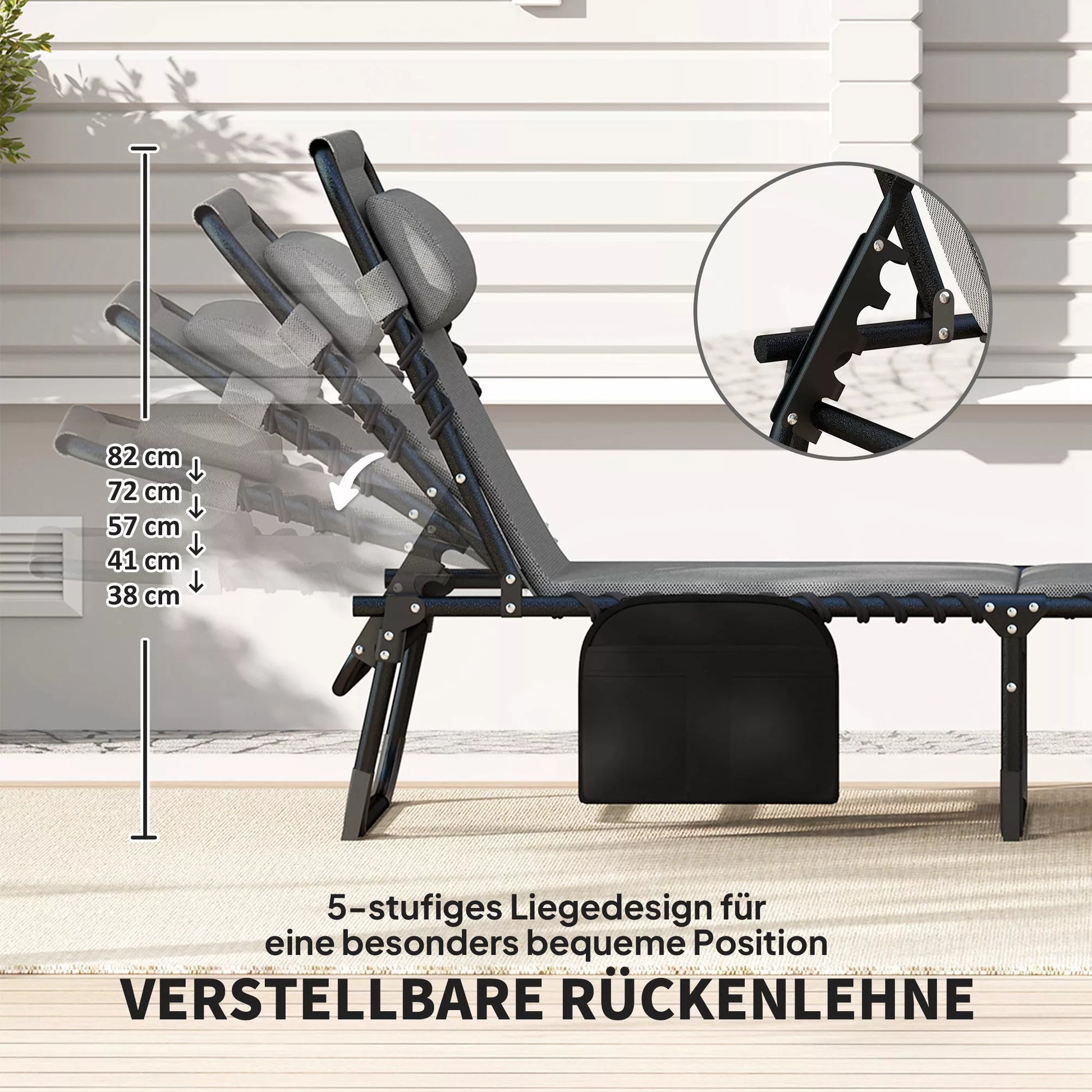 Gultas, gultas su paminkštinimu ir šonine kišenėle, sodo gultas, baseino gultas, paminkštintas gultas, pilkos spalvos