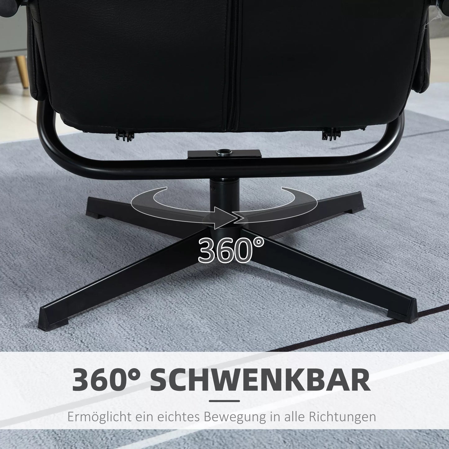 Sukamasis poilsio krėslas su pakoja, reguliuojamu atlošu, plieniniu rėmu, juodas