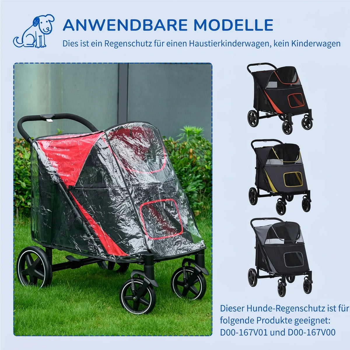 Lietaus uždangalas šunų vežimėliui su galine anga ir lipukais
