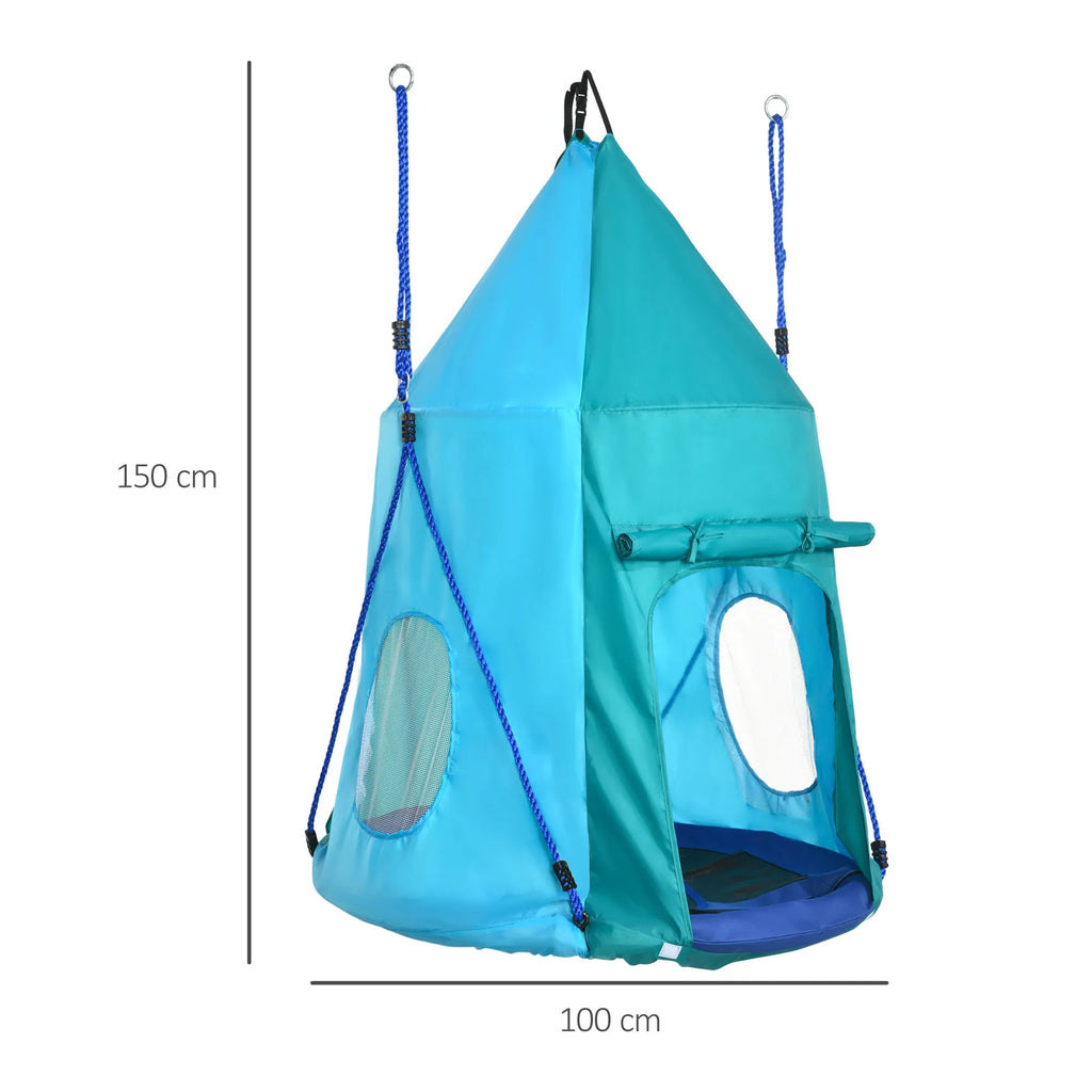 Lizdinės sūpynės su palapine, Ø100 cm, reguliuojamo ilgio lynai, iki 150 kg, melsvai žalios