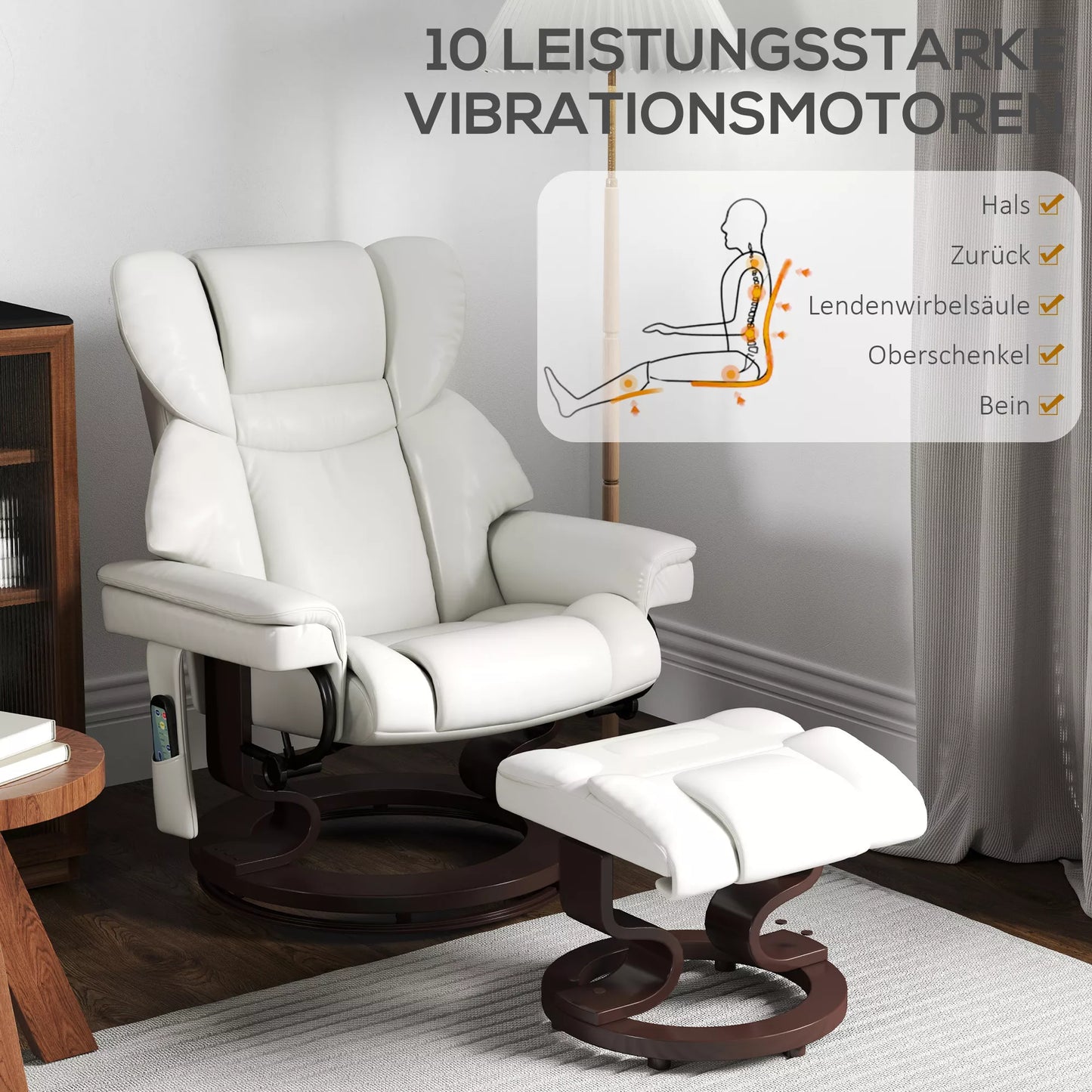 Poilsio krėslas su masažo funkcija ir pėdų atrama, atlošiamas krėslas, dirbtinė oda, 79 x 82 x 101 cm, kreminės baltos spalvos