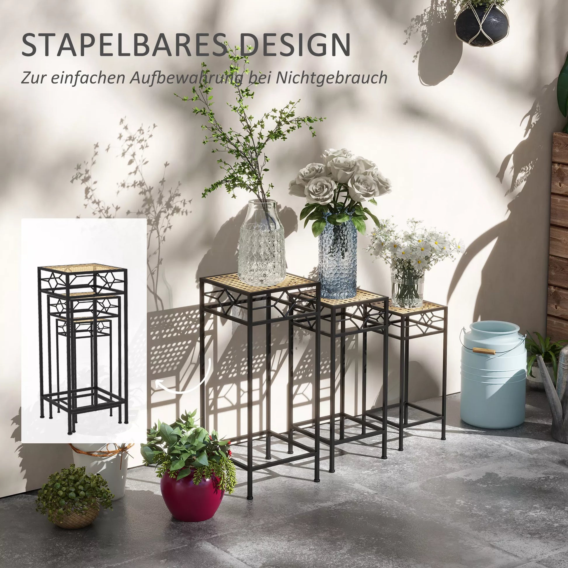 Gėlių stovas, 3 vnt. rinkinys, apvalus, sukraunamas, rotango išvaizdos, metalinės kojelės, vidui ir lauke, juoda/auksinė