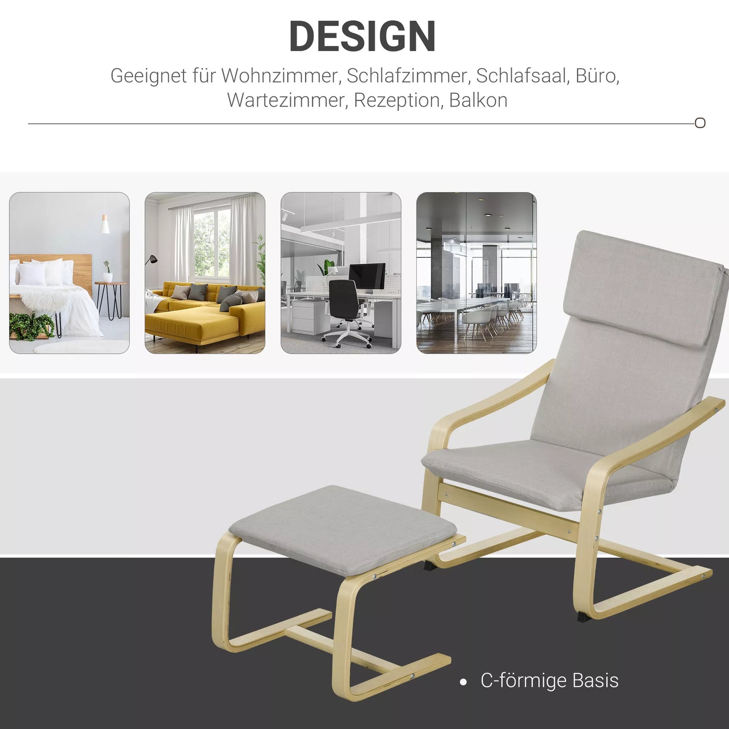 Poilsio krėslas su pakoja, lino išvaizdos apmušalas, medinis rėmas, iki 120 kg, šviesiai pilka/natūrali