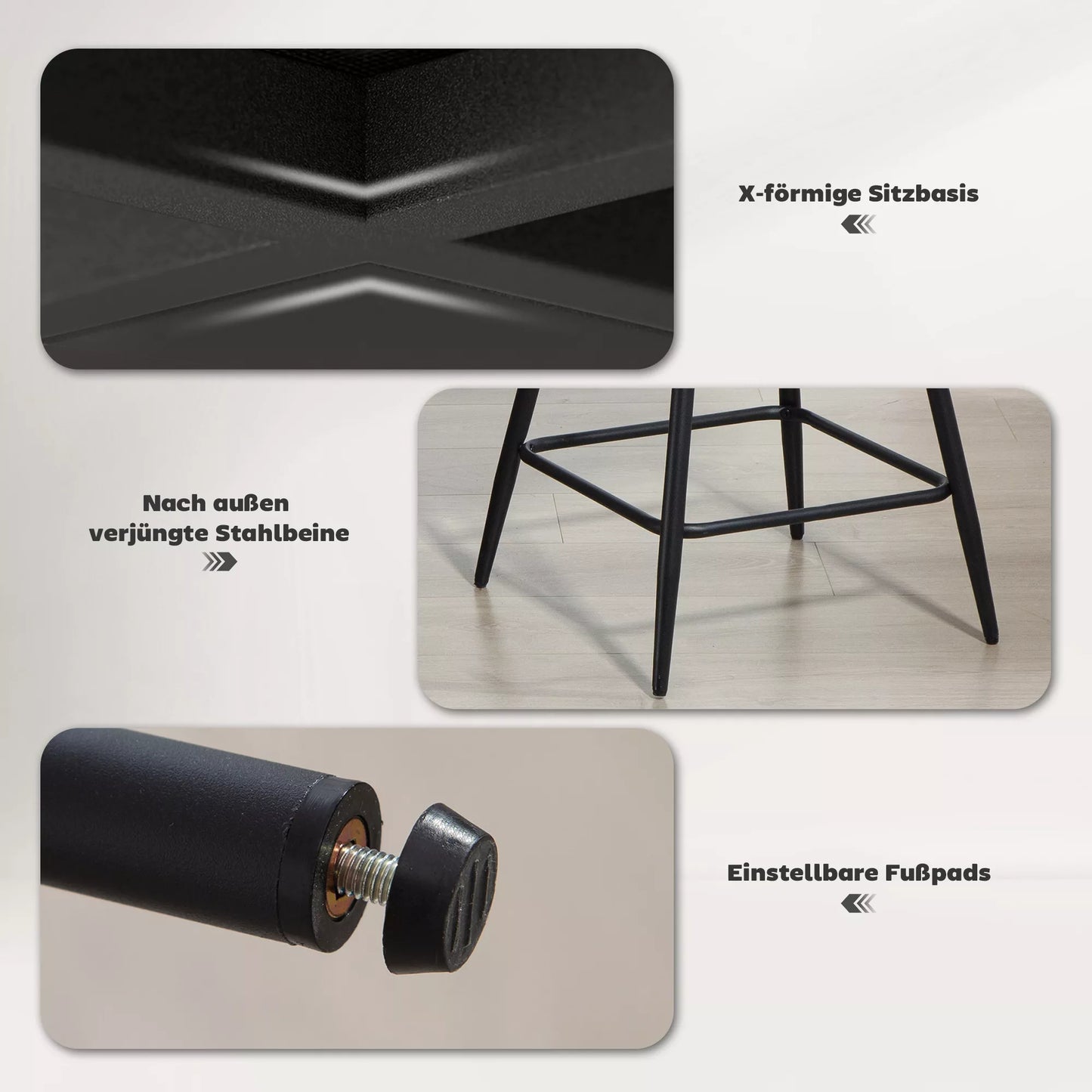 2 vnt. komplektas baro kėdžių su veliūro apmušalu ir plieninėmis kojelėmis, minkštos kėdės virtuvės salelėms, valgomajam, pilkos