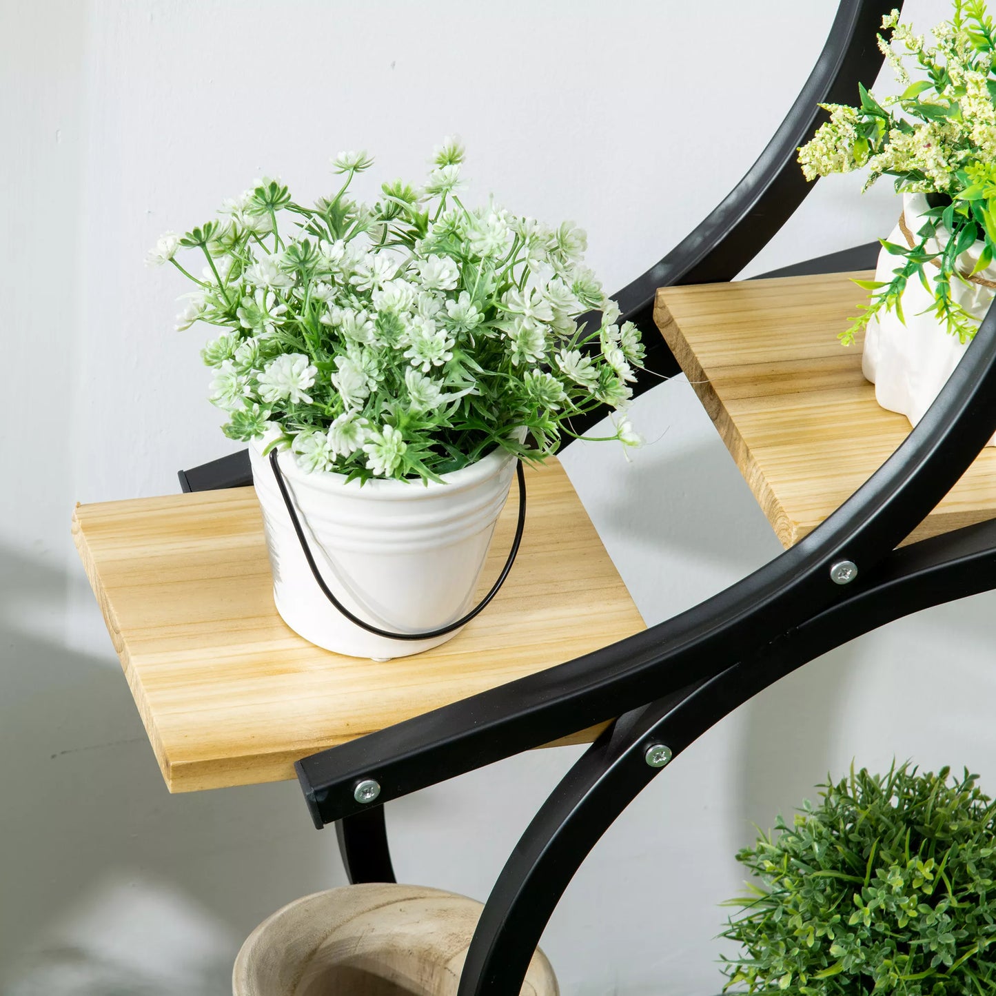 Augalų stovas su 4 lentynomis, masyvo mediena, atsparus oro sąlygoms, 46 cm x 25 cm x 91 cm, Juoda + Natūrali