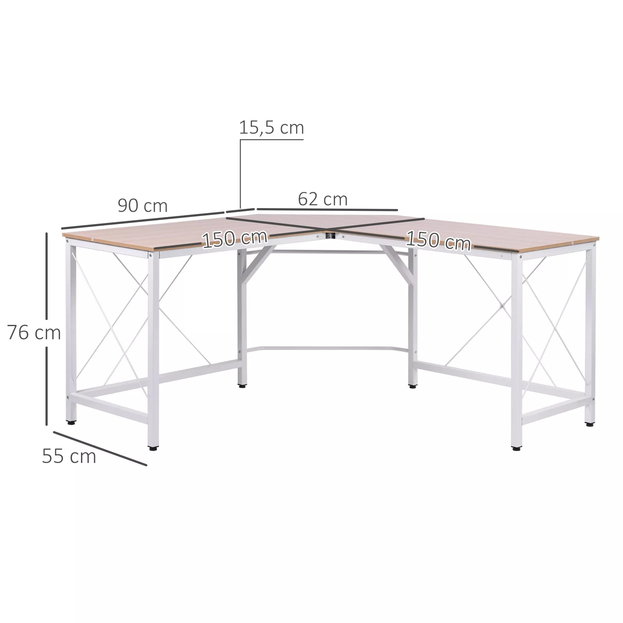 Schema su stalo matmenimis: 150 × 150 cm, aukštis 76 cm, gylis 55 cm