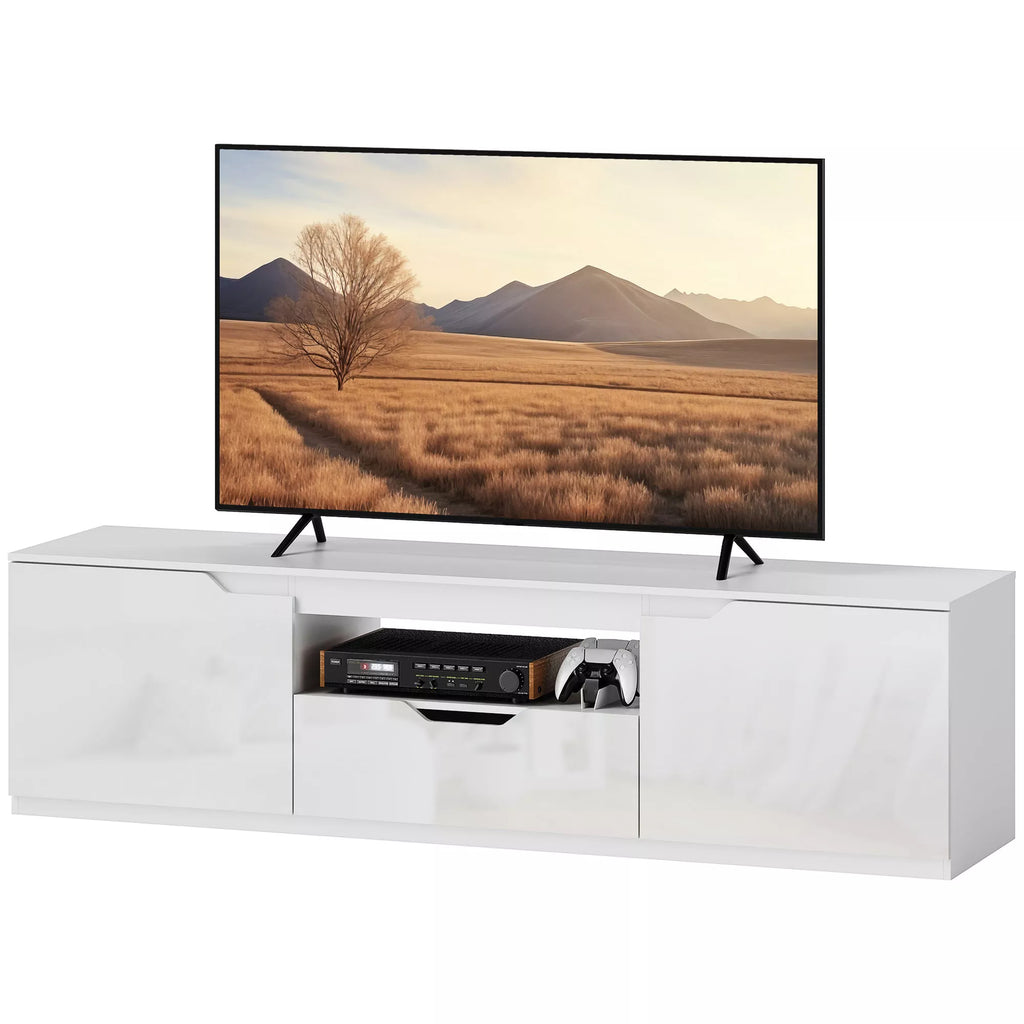 TV spintelė, blizgi, skirta televizoriams iki 65 colių, 3 skyriai, stalčius, 160 x 38 x 43 cm, balta