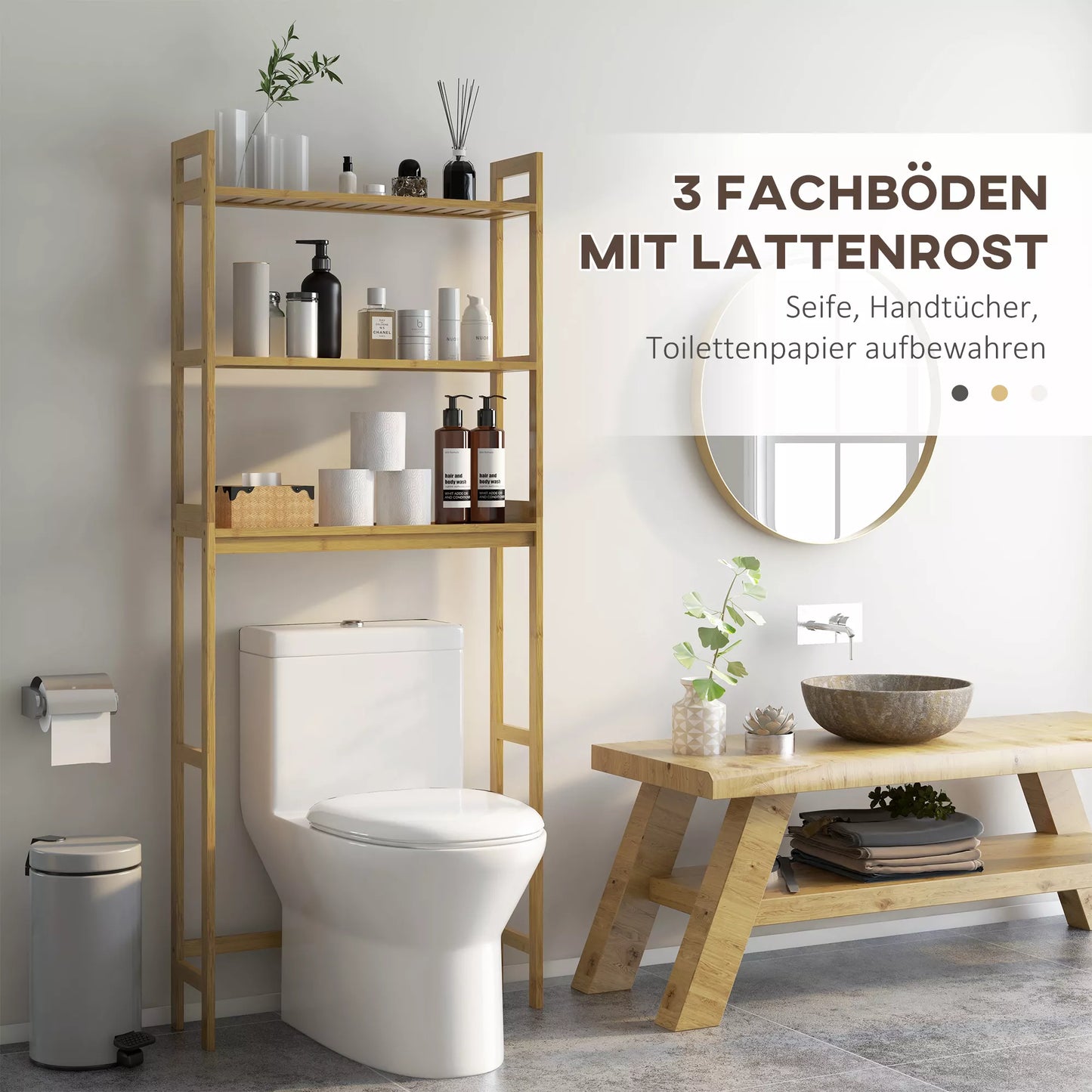 Vonios lentyna, lentyna virš tualeto, 3 lentynos, atspari vandeniui, 68 cm x 20 cm x 165 cm, natūrali