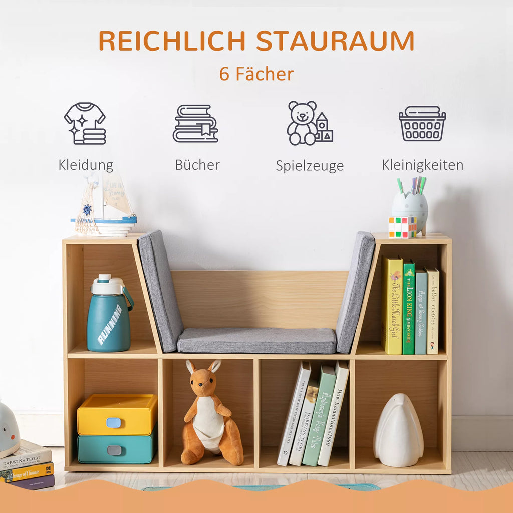 2-in-1 vaikų lentynos lentynos + suoliukas su pagalvėlėmis 103 cm × 30 cm × 62 cm Balta + Pilka