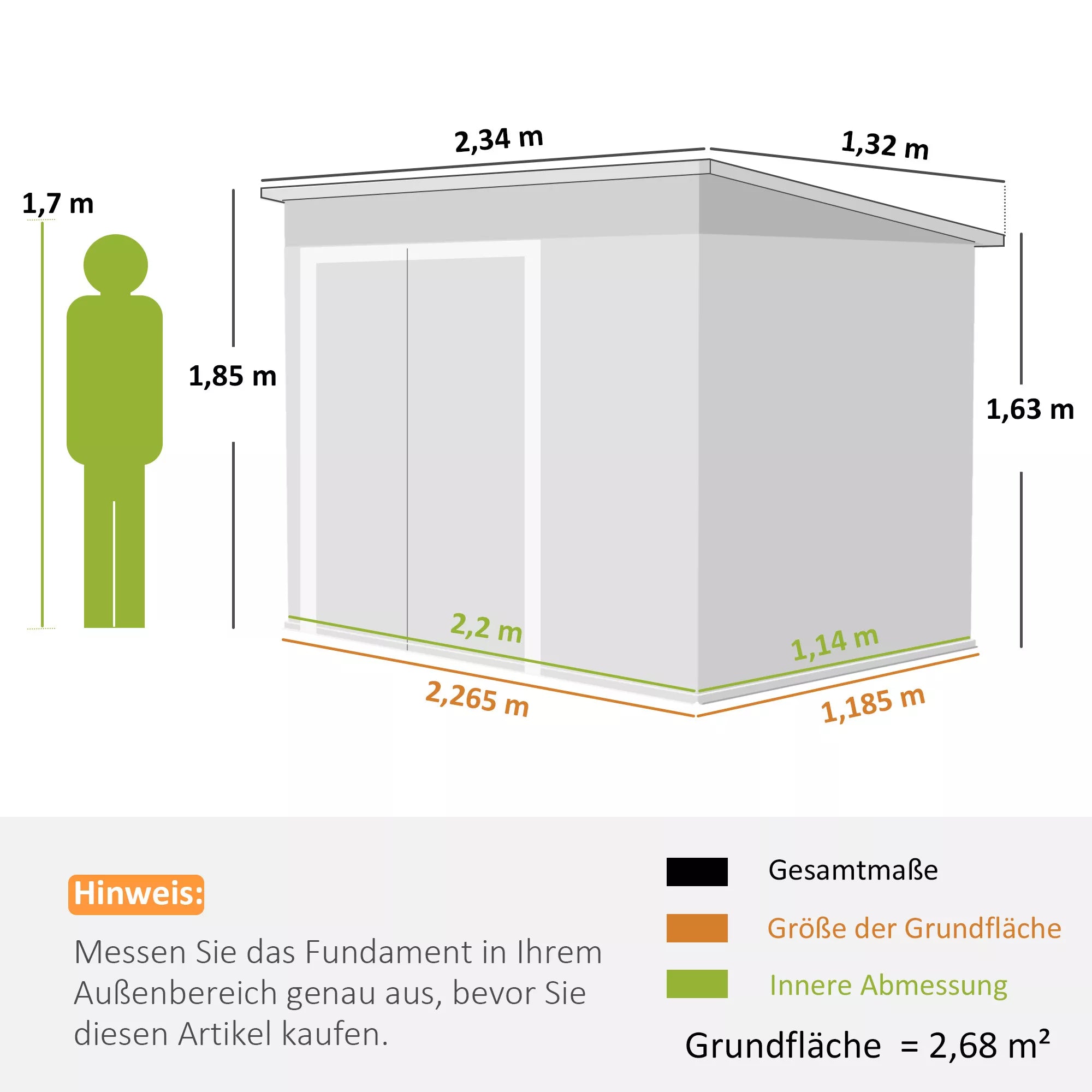 Metalinis įrankių sandėliukas 2,68 m², užrakinamas įrankių sandėliukas su 3 durimis, ventiliacija, vienšlaitis stogas, pirštinės
