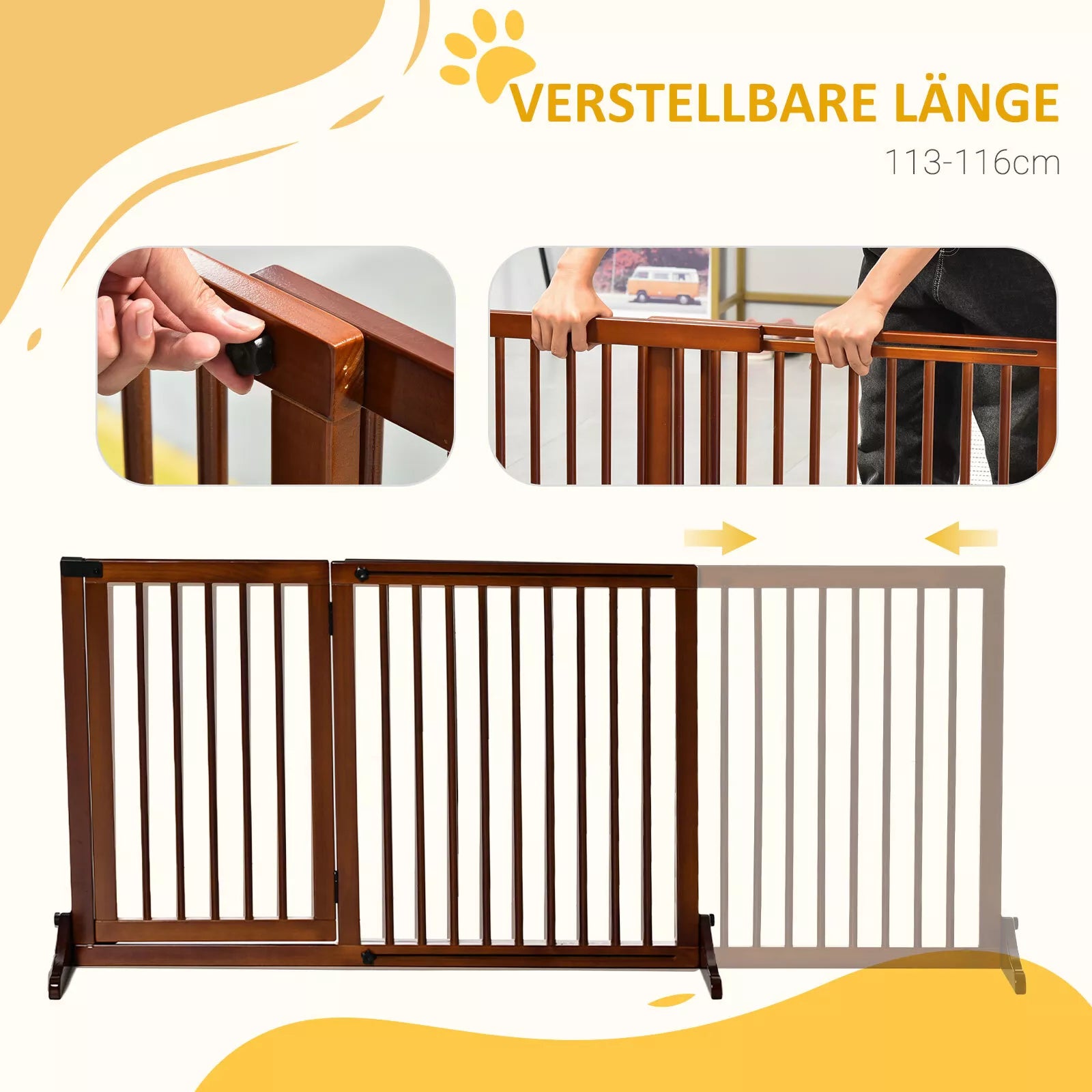 Apsaugos barjeras šunims, durų apsaugos grotelės, apsauginės medinės grotelės, laisvai pastatomos šunų grotelės su durelėmis, šunų blokavimo grotelės, konfigūruojamos grotelės židiniui ir krosnelei, rudos spalvos, 113-166 x 36 x 71 cm